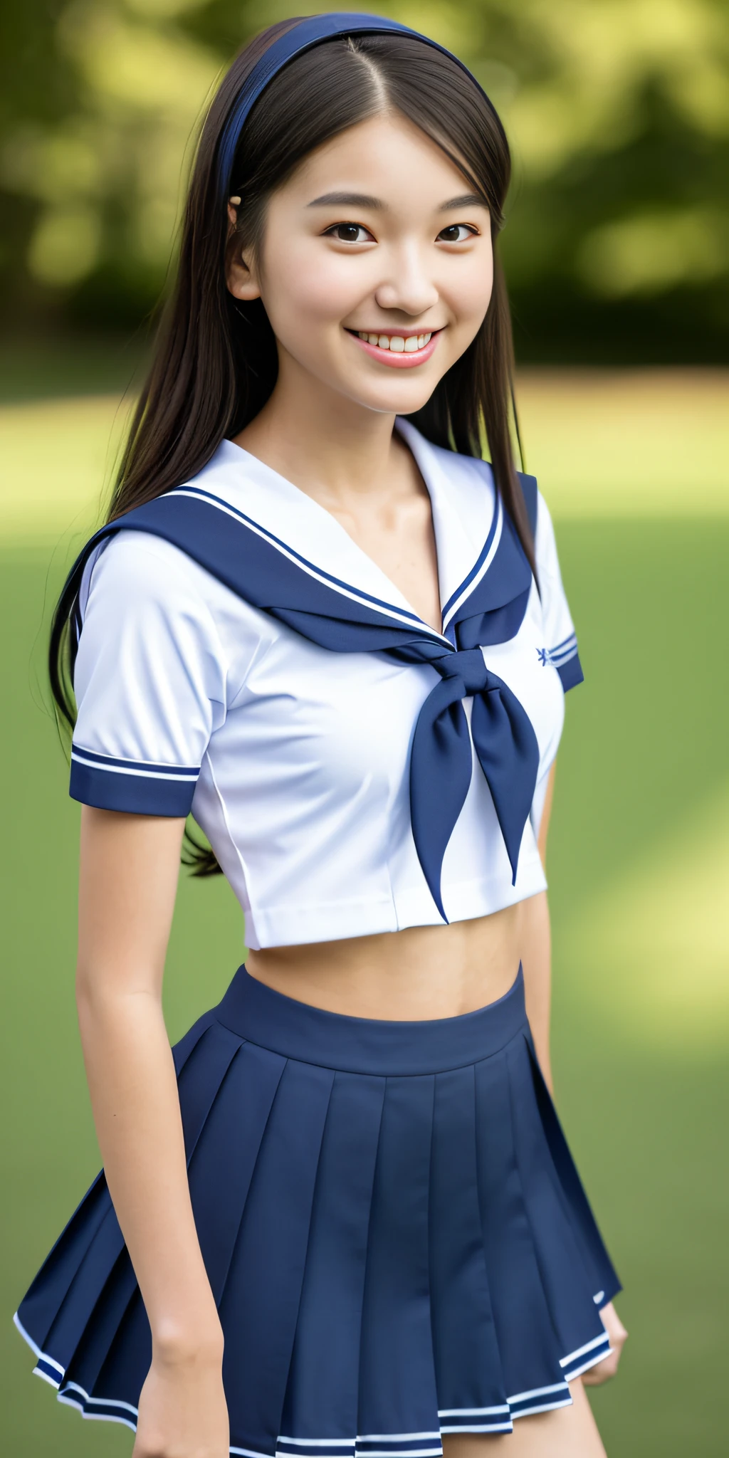 neat college girl, (school uniform, sailor uniform, ribbon tied at chest, summer clothes, upper body white, skirt dark blue, short sleeves), outside the athletic field, (slim), photorealistic, detail, skin texture, ultra detail, delicate and sexy collarbone, smile, super detailed face, detailed lips, detailed eyes, double eyelids, small breasts, small breasts, small, flat breasts, breast emphasis