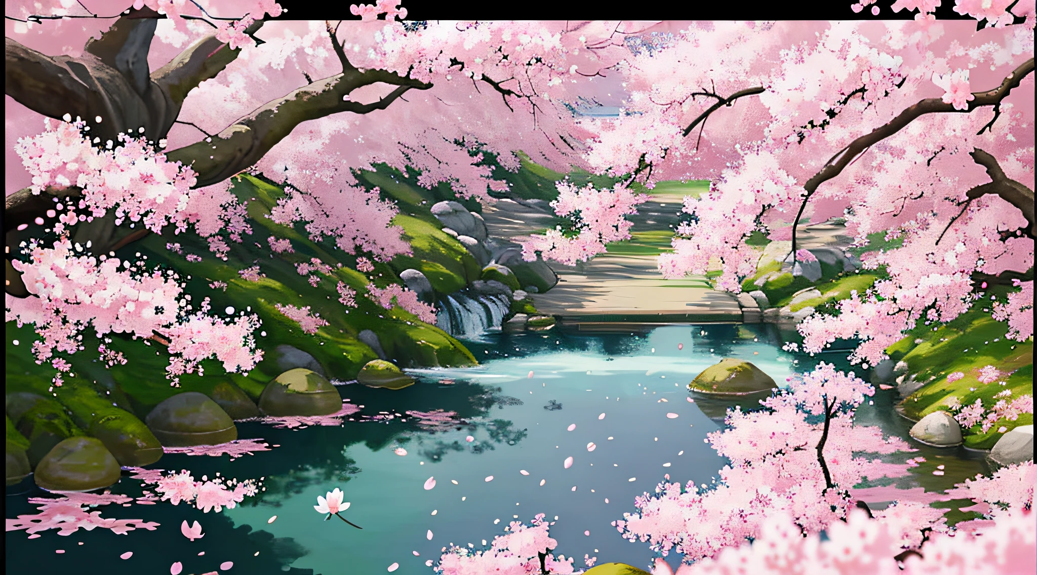 there is a painting of a pond with a fish and flowers, sakura blooming on background, flowing sakura-colored silk, cherry blossom background, flowing sakura silk, falling cherry blossoms pedals, cherry blossom falling, falling cherry blossom pedals, cherry blossoms, cherry blossom, cherry blossoms in the wind, sakura flowers, lush sakura, sakura flower, blossom sakura, sakura trees
