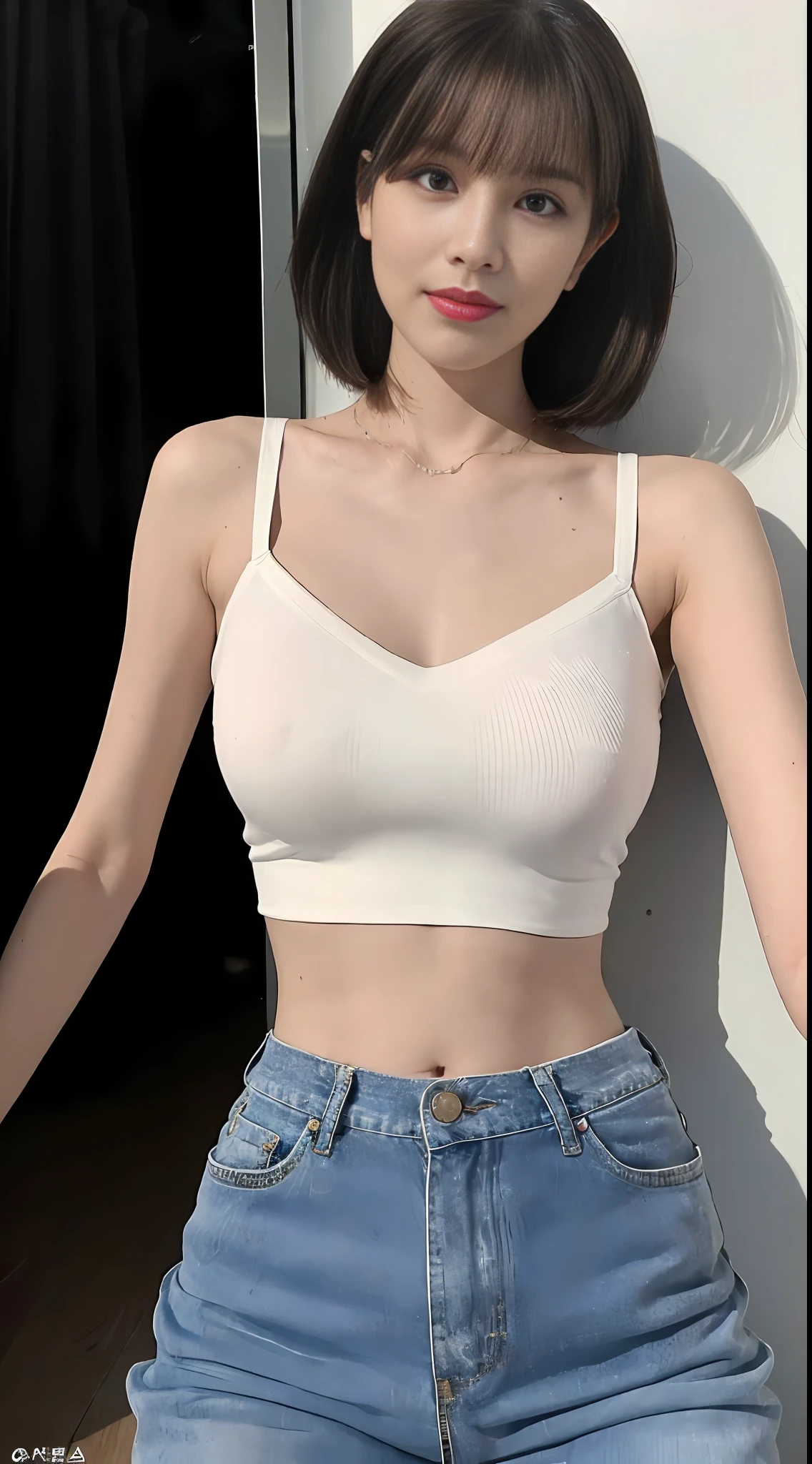 ((Best Quality, 8k, Masterpiece: 1.3)), Focus: 1.2, Perfect Body Beauty: 1.4, ((Layered Haircut, Smaller Boobs: 1.2)), (Rain, Street:1.3), White bandeau, shoulder straps, skinny jeans, Delicate face, Fine eyes, Facing the audience, Whitened skin, (Shut up: 1.3), Full body