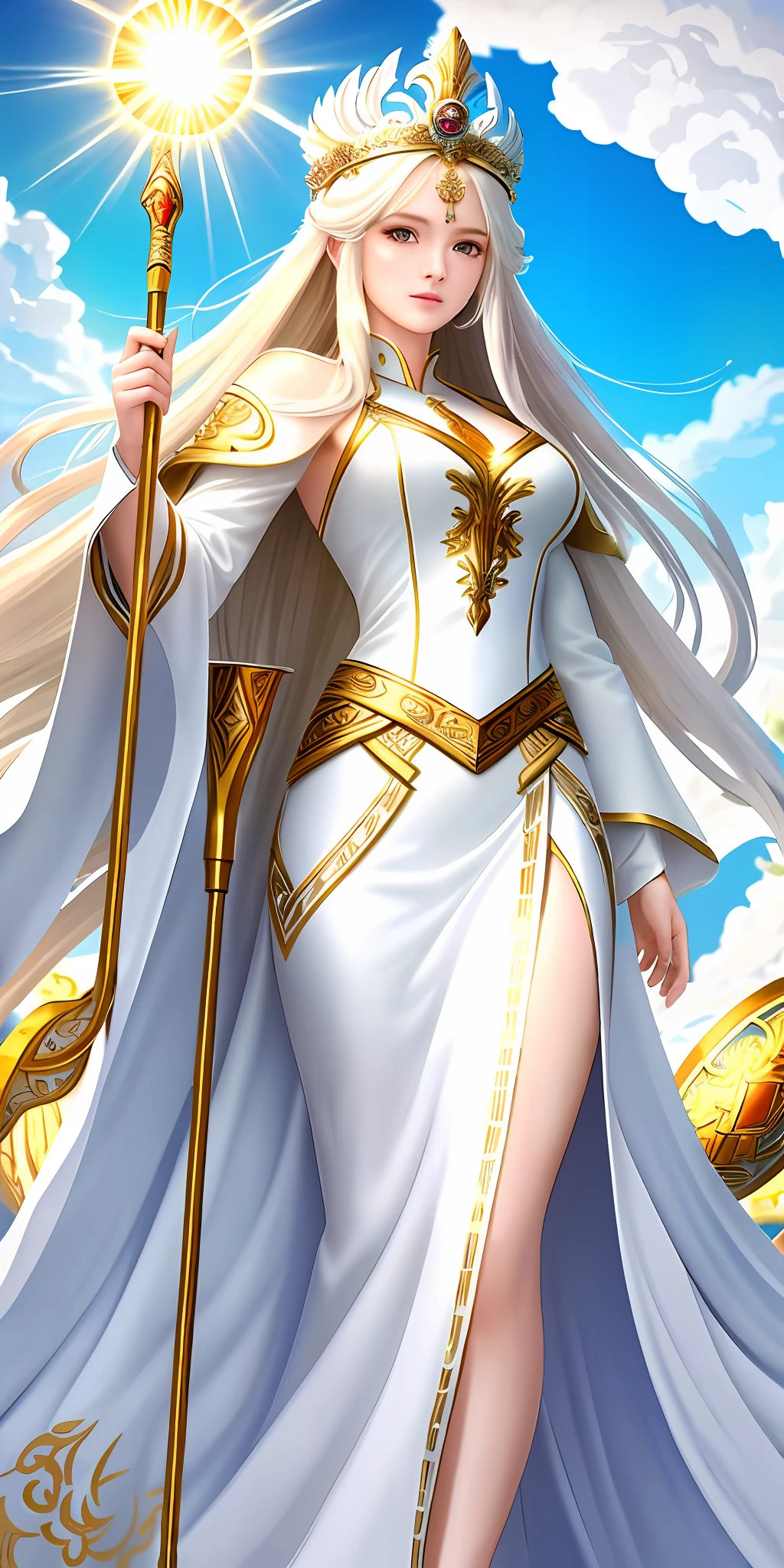 masterpiece, best quality, ultra-detailed, goddess, white robe, long hair, gold hair, staff, sun shine, blue sky