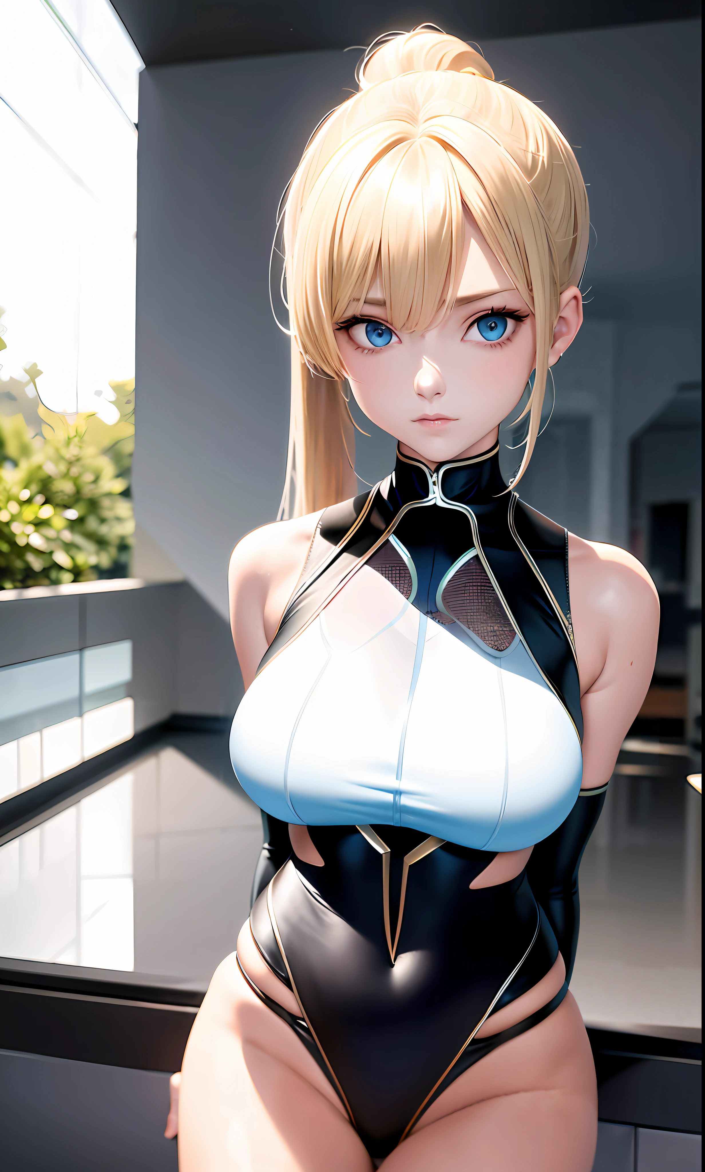 Superb and masterpiece, blonde hair, sky blue eyes, upper body, reflective skin, big breasts, black top, lower body wearing JK skirt, eye level, hair, fair skin, double ponytail, pool in the background