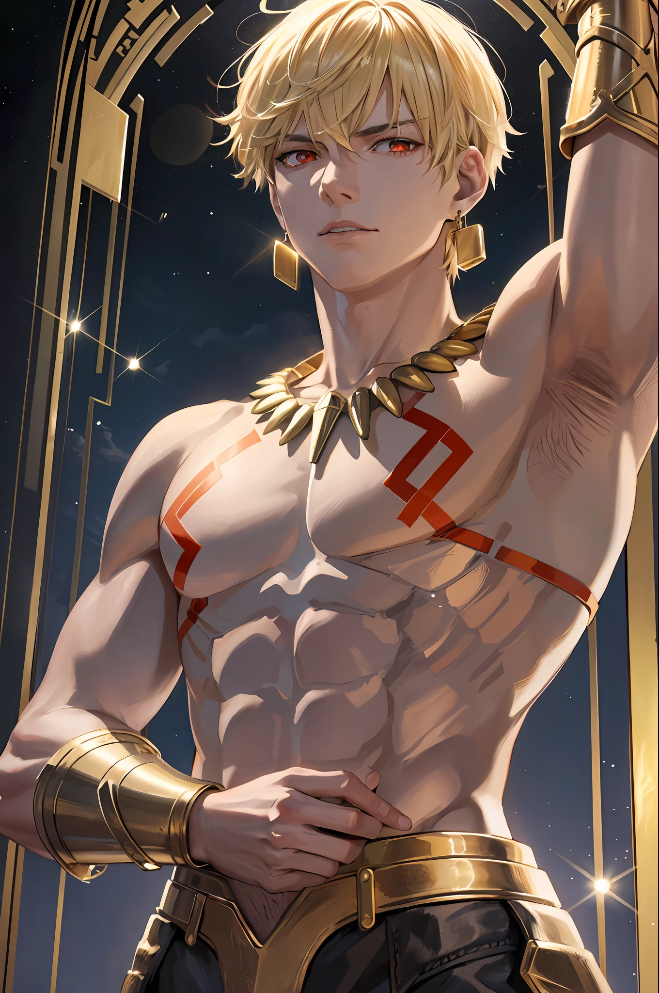 realistic, (masterpiece, top quality, best quality, official art, beautiful and aesthetic:1.2), extremely detailed,(1boy:1.3),cowboy shot,(looking at viewer),(arm crossed:1.3),from below,black background,(night:1.2),
filmg, GilgameshTopless, solo, short hair, blonde hair, (red eyes:1.2), 1boy, jewelry, standing, earrings, necklace, armor, tattoo, topless male, gold armor Suspended golden light