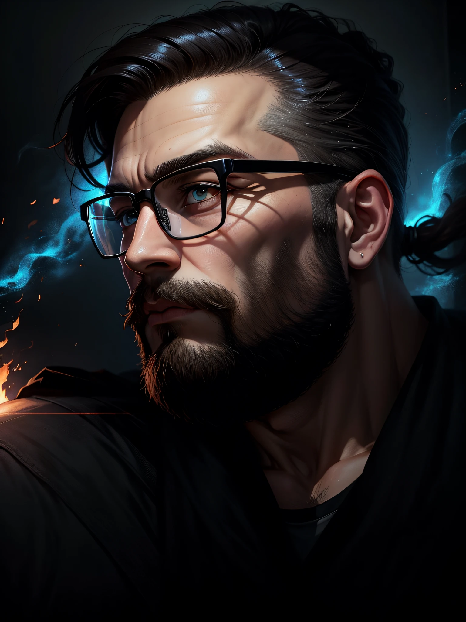There's a man with glasses and beard in a room, headshot profile picture, profile picture, mid shot portrait, looking sideways, Twitch streamer/gamer Ludwig, very high quality image, lit from the side, looking to the side off camera, taken in early 2020, half-body headshot, Brazil flag hoisted in the top right corner,  Anime-style photo, war movie style background --auto --s2