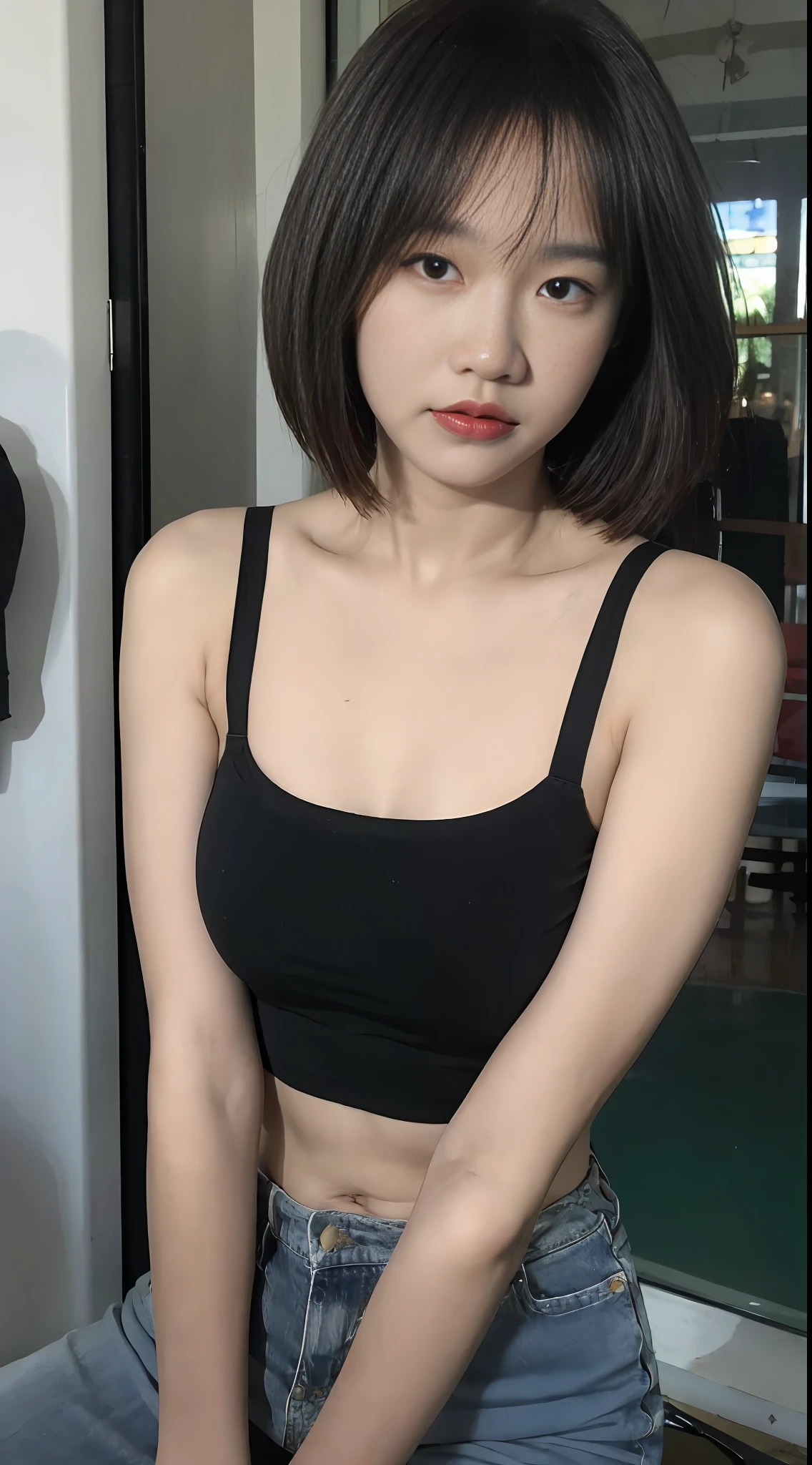 ((Best Quality, 8K, Masterpiece: 1.3)), Focus: 1.2, Perfect Body Beauty: 1.4, ((Layered Haircut, Medium Boobs: 1.2)), (Street:1.3), Light Green Bandeau, Shoulder Straps, Skinny Jeans, Delicate Face, Fine Eyes, Facing the Audience, Whitened Skin, Long Hair, (Shut Up: 1.3), Full Body