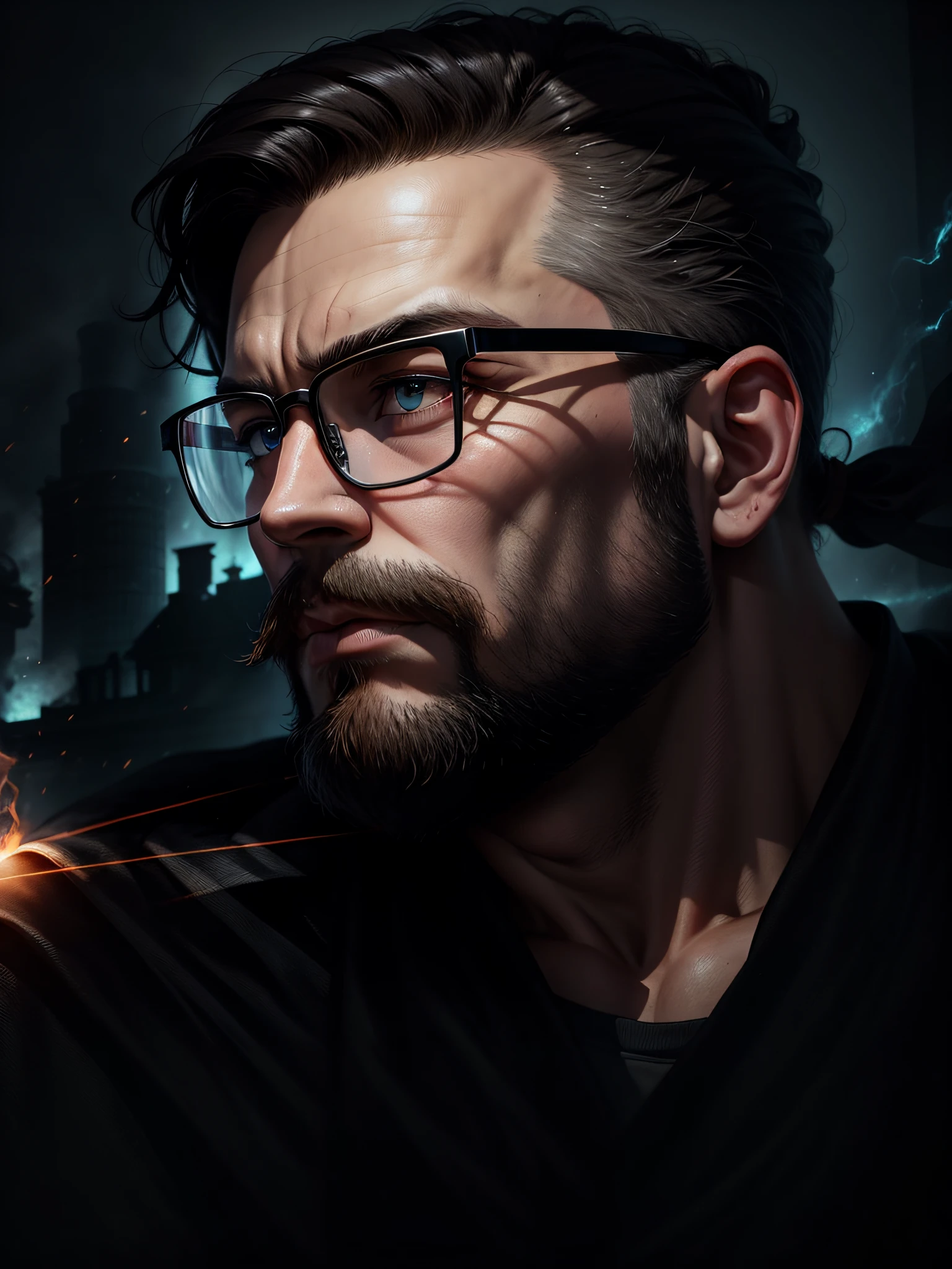 There's a man with glasses and beard in a room, headshot profile picture, profile picture, mid shot portrait, looking sideways, Twitch streamer/gamer Ludwig, very high quality image, lit from the side, looking to the side off camera, taken in early 2020, half-body headshot, Brazil flag hoisted in the top right corner, Anime-style photo, war movie style background --auto --s2