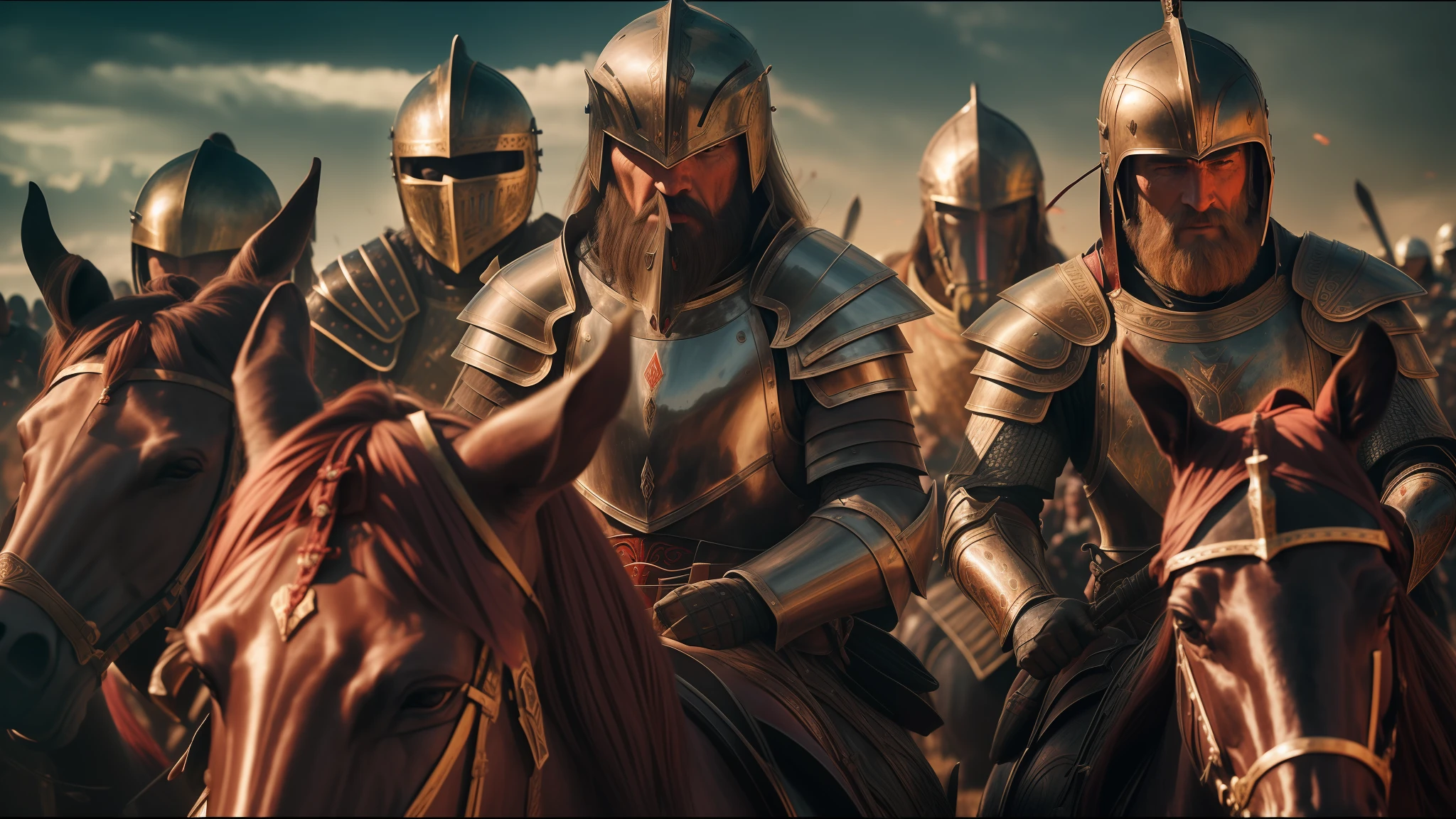 there are many men in armor riding horses in a row, unsplash 4k, blood and dust in the air, mead, narwhal, cinematic, - h 7 6 8, by Arthur Sarkissian, bloodthirsty, by Ferdynand Ruszczyc, \'obey\'