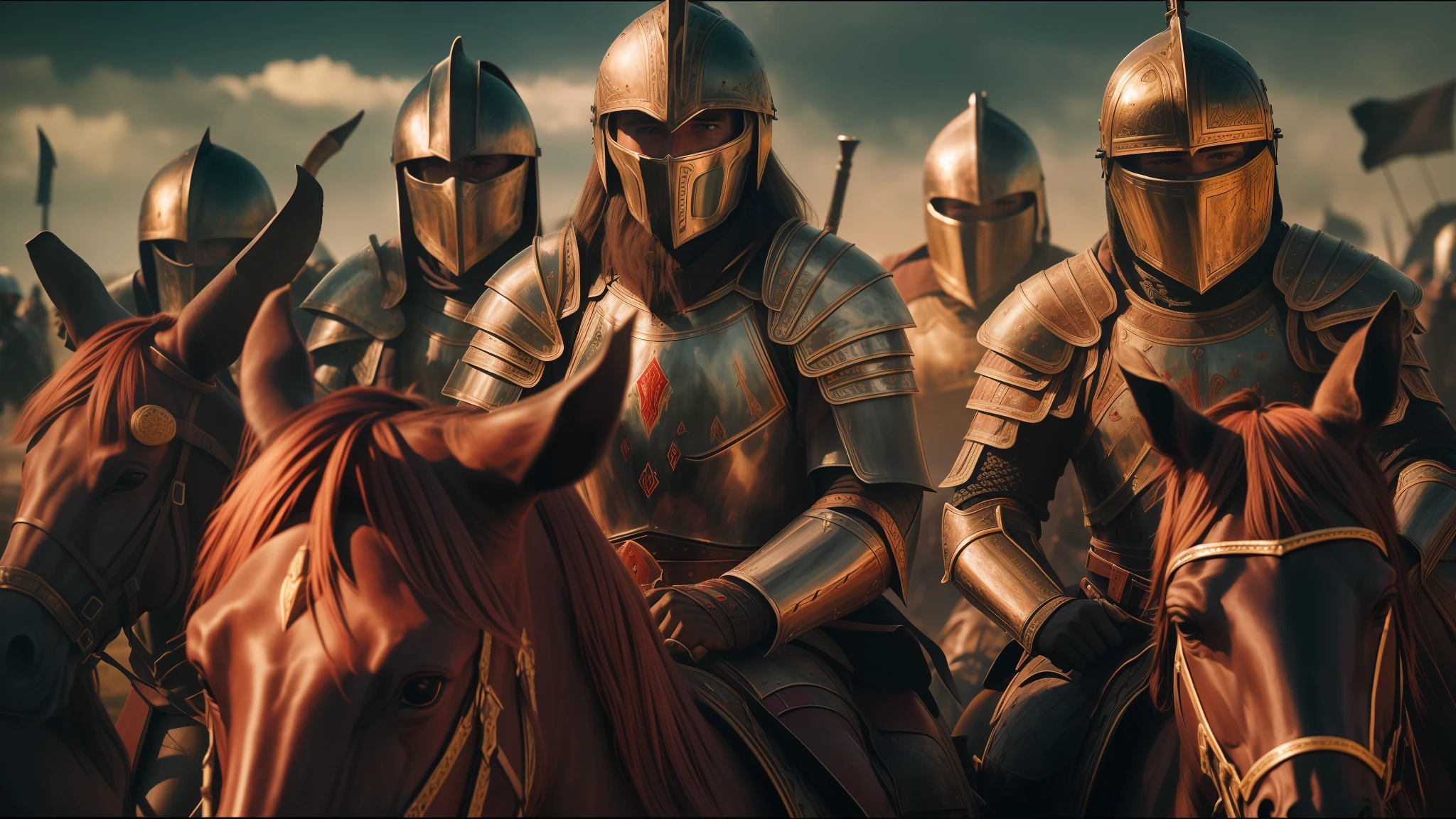 there are many men in armor riding horses in a row, unsplash 4k, blood and dust in the air, mead, narwhal, cinematic, - h 7 6 8, by Arthur Sarkissian, bloodthirsty, by Ferdynand Ruszczyc, \'obey\'