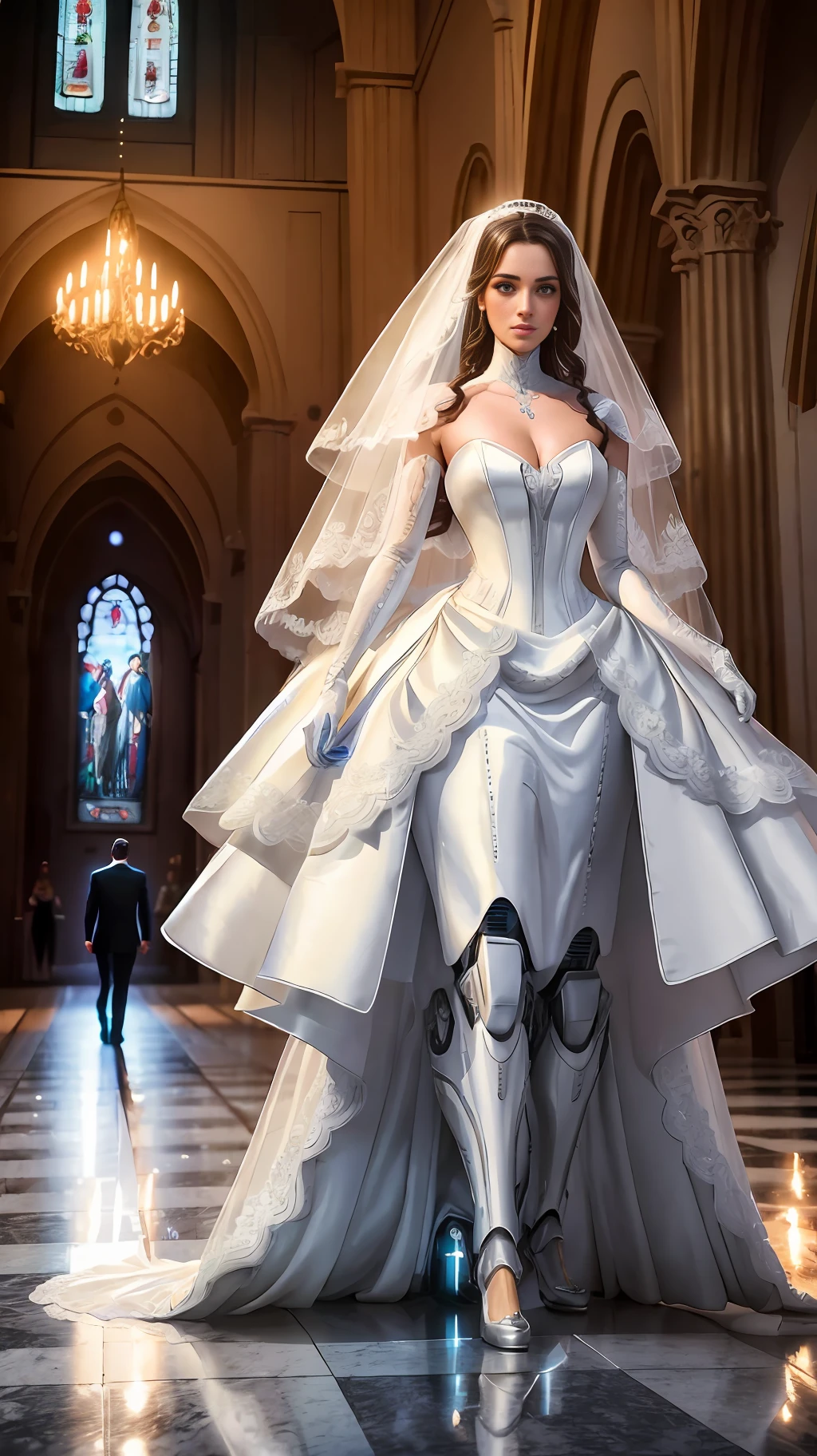 um homem vestido para casar ao lado de um padre em uma igreja lotada, and a robotic Android bride, muito bonita e sensual, Wedding dress walking towards the man, hyper-realistic, night, cinematic shot, incredibly detailed, sharp, professional lighting, photography lighting, 35mm, 4k, high quality --auto --s2