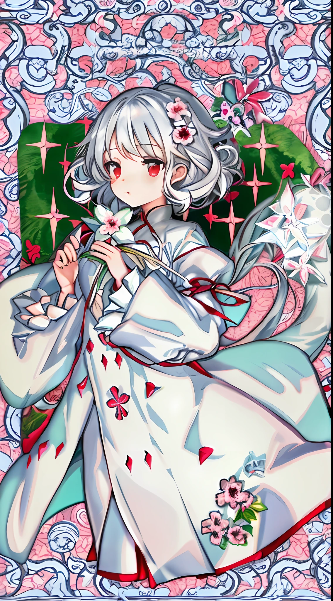 Anime characters with white hair and red eyes holding flowers, white hair, ghost, zero zen art, white hair, curly hair, pixiv, , girl, pixiv style, pixiv daily ranking, zerochan, (wearing noble robes)), white hair, no feet, cirno touhou, white hair