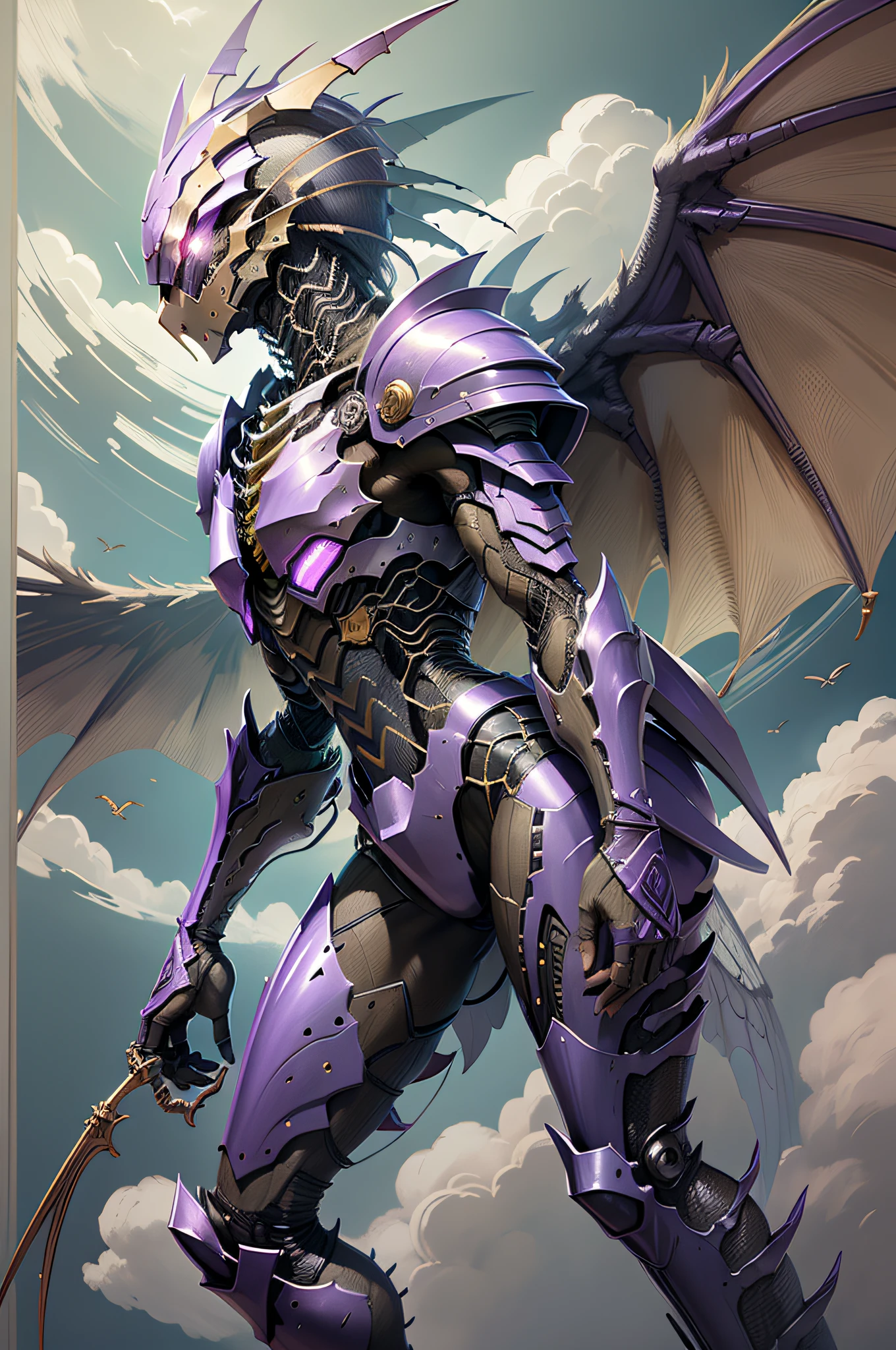 Lavender-colored armored dragon man flying in the sky Streamlined ROBOT Beetle armor Insect thin wings Birds of prey Eagle claws Large claws on limbs EDGE-shaped Tosaka --auto --s2