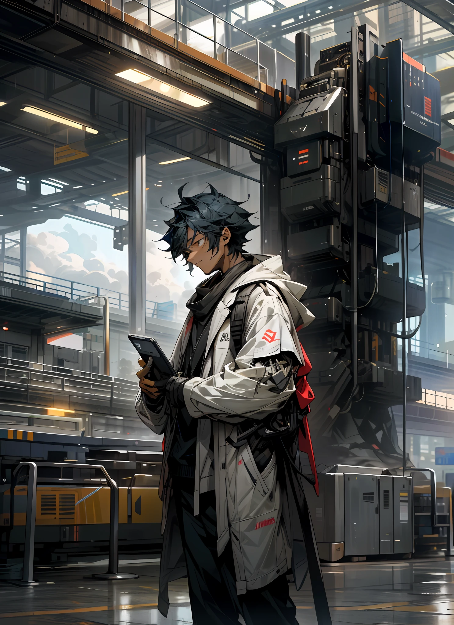 sky, clouds, holding_weapon, no_humans, glow, architecture, glowing_eyes, mecha, science fiction, city, reality,
A young man in his twenties at the airport, dressed in black, holding a computer in his hand, walked out of the airport while making a phone call.