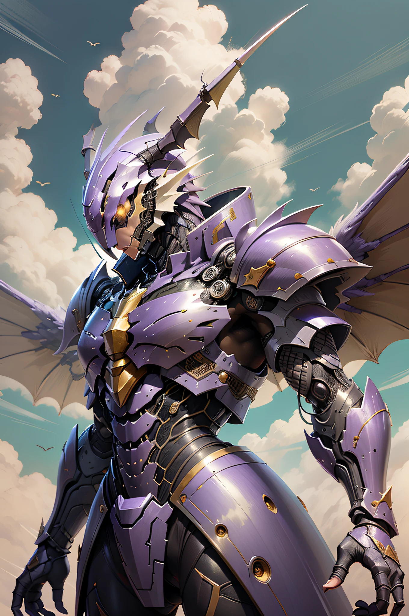 Lavender-colored armored dragon man flying in the sky Streamlined ROBOT Beetle armor Insect thin wings Birds of prey Eagle claws Large claws on limbs EDGE-shaped Tosaka --auto --s2