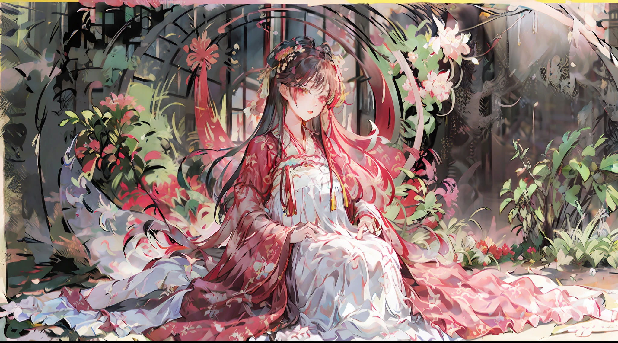 Chinese painting style, surrounded by flowers, beautiful long-haired woman, decorated with blooming red flowers on her head, slim and plump figure, delicate face.