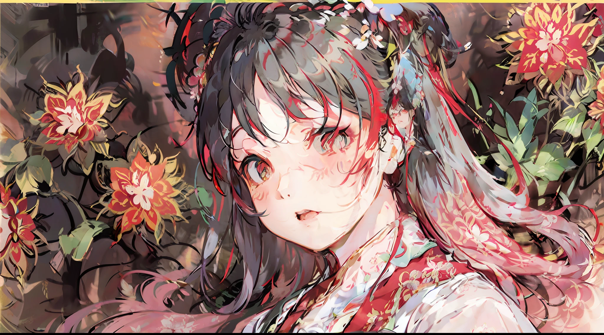Chinese painting style, surrounded by flowers, beautiful long-haired woman, decorated with blooming red flowers on her head, slim and plump figure, delicate face.
