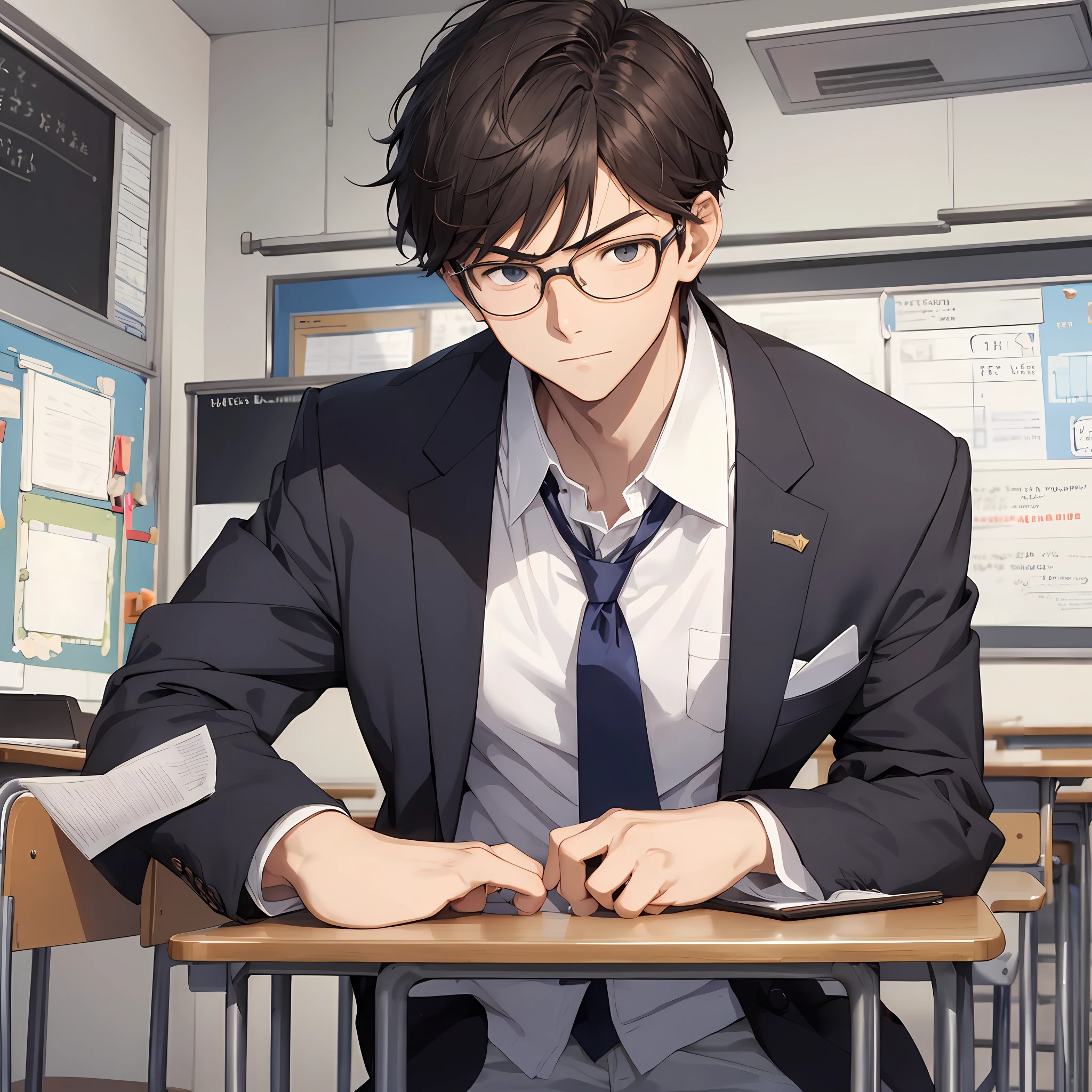 One, handsome high school boy with a positive perspective, arrogant expression, close-up, classroom in the background