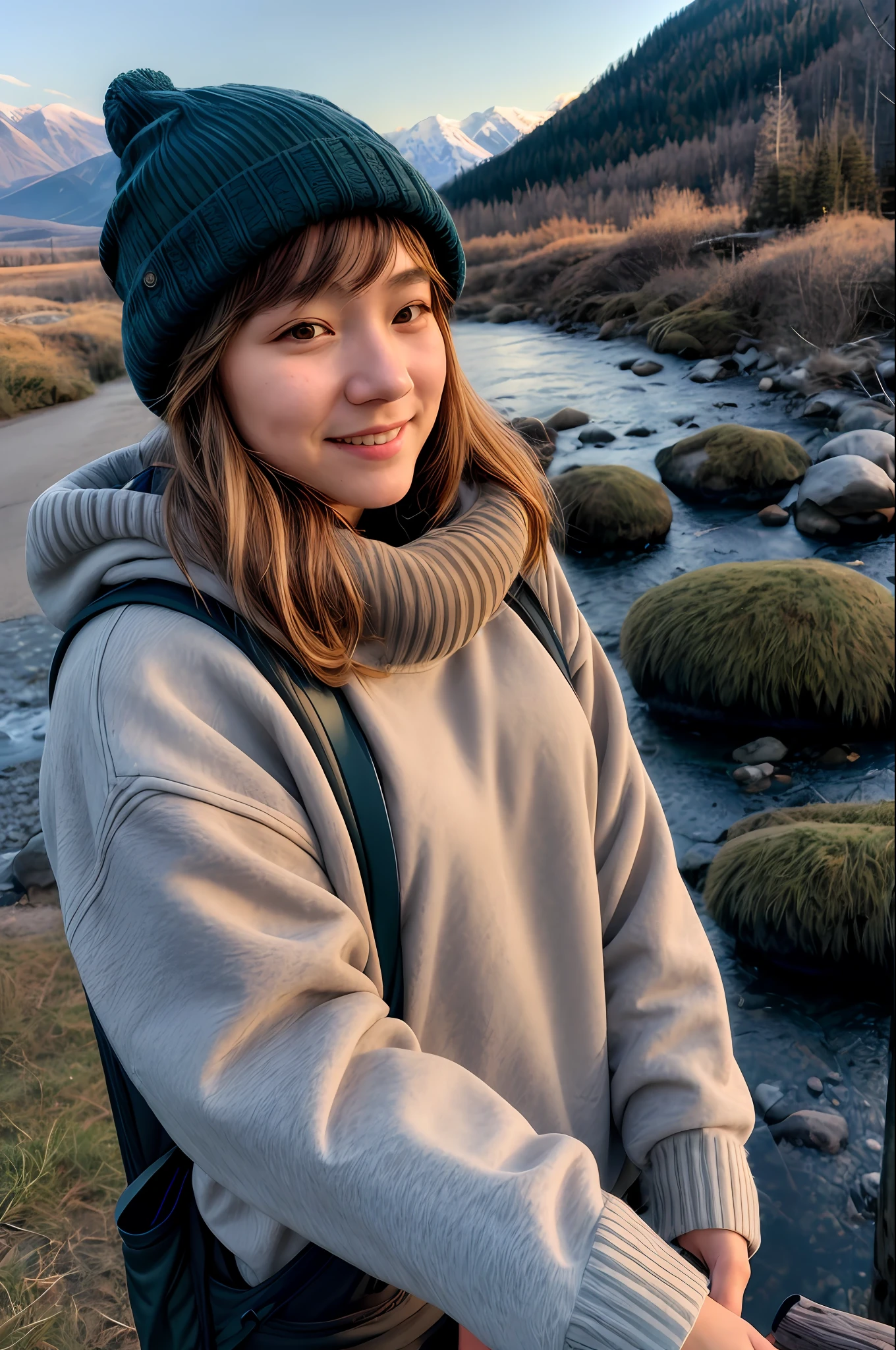 ung Japan woman ((selfie of upper body, happy)), masterpiece, top quality, super detail, ground, outdoor, (night), mountain, nature, (star, moon) cheerful, happy backpack, bag sleeping bag, camping stove, water bottle, mountain boots, gloves, sweater, hat, lantern, forest, rock, river, wood, smoke, shadow, contrast, clear sky, style, (warm shades, warm tones): 1.2), close-up, cinematic light, side lighting, ultra high resolution, best shadows, RAW, upper body, old man, wearing a pullover