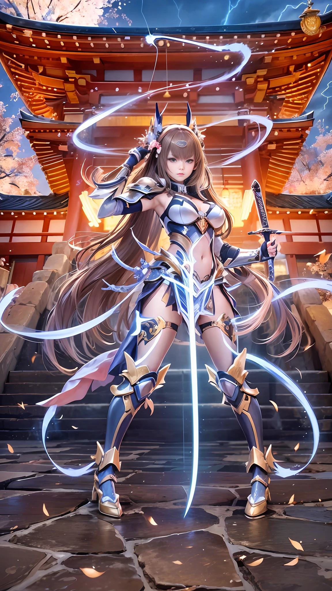 Best quality ,Masterpiece,Ultra High Res,(Photo Realistic:1.4), Photo quality, overall live-action, Girl with a sharp sword standing in front of a building, Ayakagenjin Impact, Japan Lightning Goddess, Queen of Blades, Gorgeous Bikini Armor, From Arc Knights, Lightning Goddess, Genshin Impact Kechin, Armor Girl, Whole live-action, Yasaka Shrine at night, metallic feeling of equipment, face clearly and beautifully, brown hair, right hand opposite hand firmly holding a sword stuck into the ground downward to the front of the body, brave standing, lightning incarnate, whole body, lightning