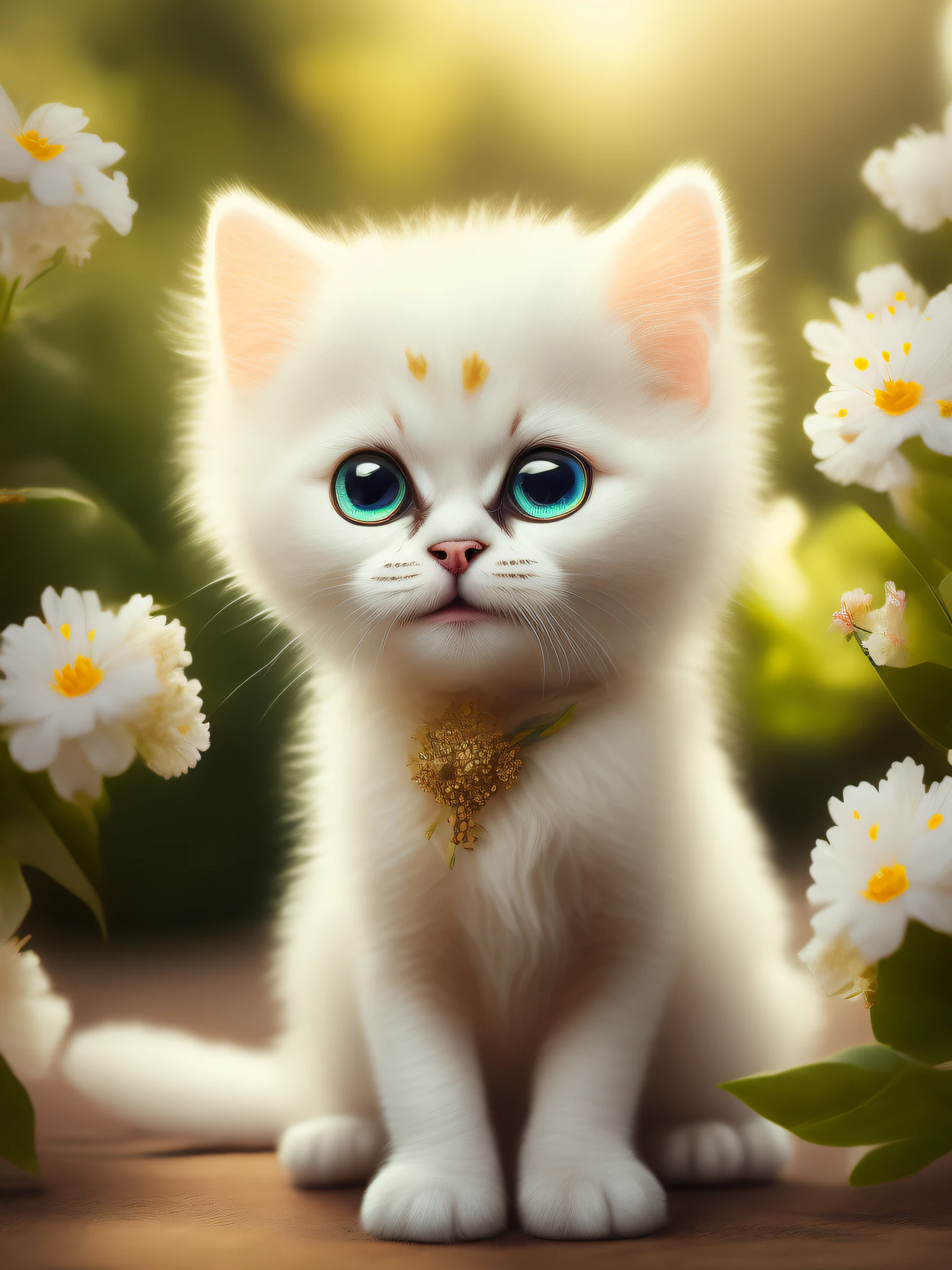Very cute furry white tropical punk kitten, big eyes, flowers, flower bushes, full body, open mouth, laugh, professional light, depth of field 8k, golden magic moment, professional photography, octane rendering, super realistic - amazing sunlight, dynamic composition, photography, smile healing, hair details,