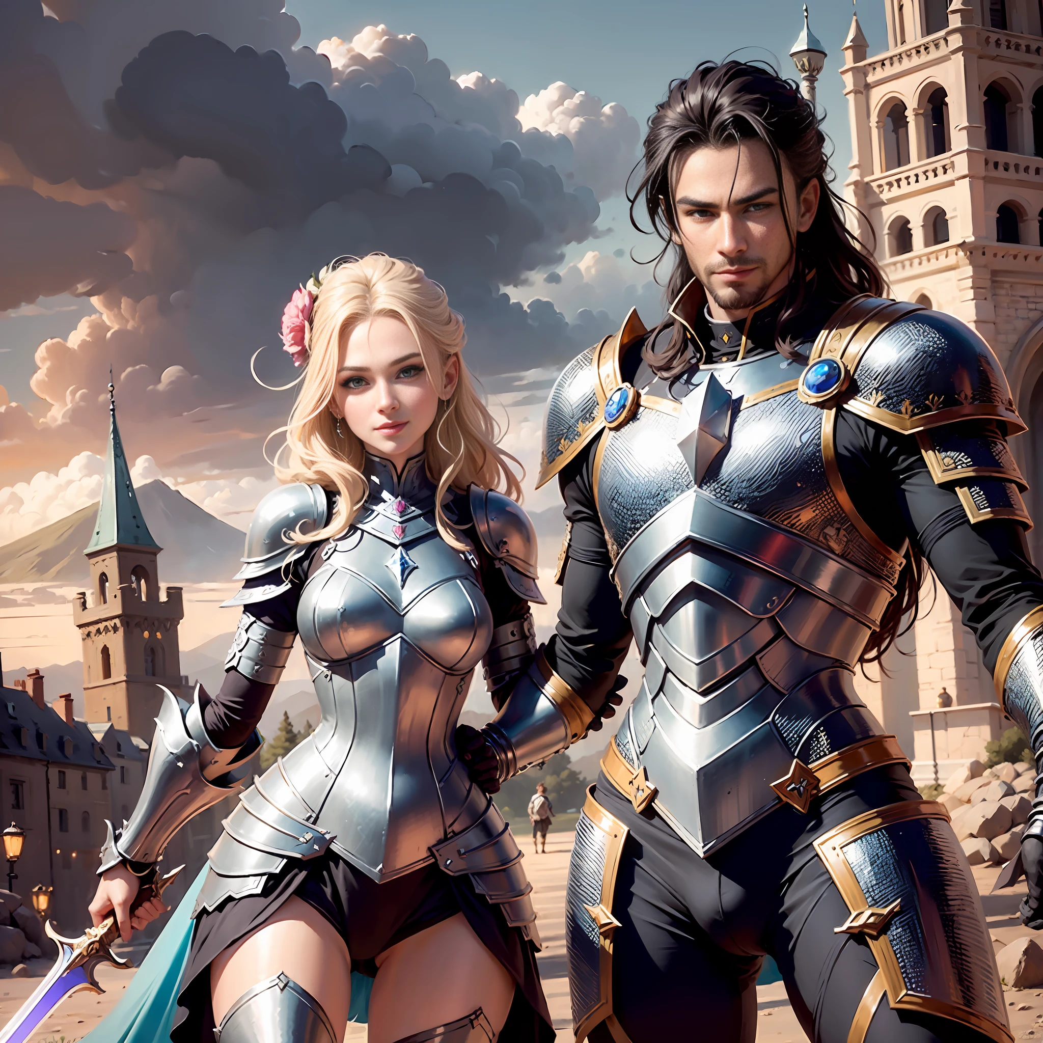 (((Medium shot))), couple, ((a man and a woman)), two individuals, big sword, battle, gorgeous background, dark castle in the background, ((big sword)), frolic, hilarious , sweet, happy, smile, colored armor, colored chain mail, colored armor, happy, pretty eyes, playful, surrealism, pov, romanticism, cinematic lighting, 8K, UHD, masterpiece, ccurate, anatomically correct, textured skin, high detail, high quality, high resolution, Award-winning, best quality, 16K, bad body, bad hands, bad legs.