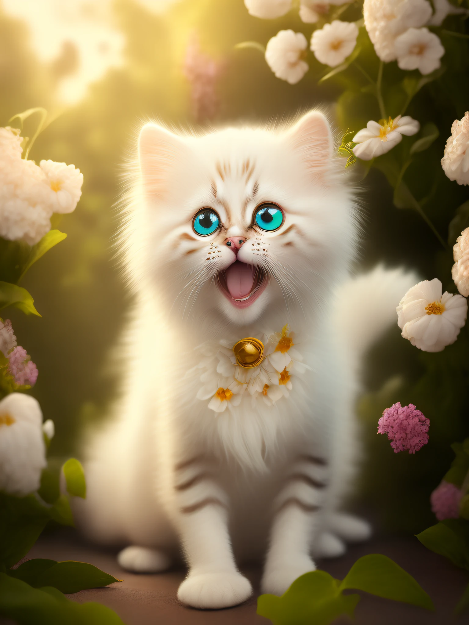 Very cute furry white tropical punk kitten, big eyes, flowers, flower bushes, full body, open mouth, laugh, professional light, depth of field 8k, golden magic moment, professional photography, octane rendering, super realistic - amazing sunlight, dynamic composition, photography, smile healing, hair details,