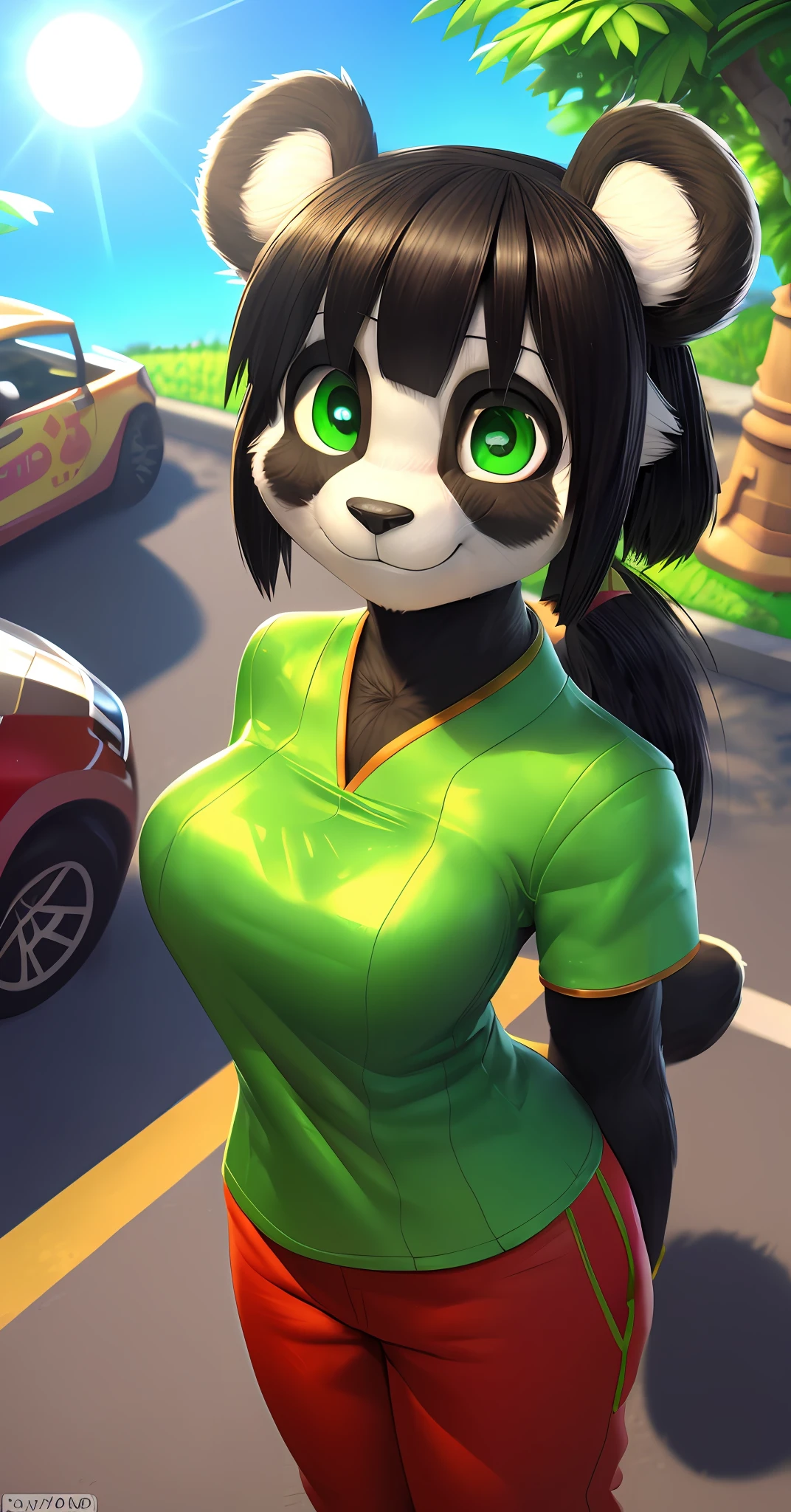 [Yaya Panda_(Crash Team Racing Nitro Fueled)], [Uploaded to e621.net; (Pixelsketcher), (wamudraws)], ((masterpiece)), ((solo portrait)), ((furry; anthro panda)), ((detailed fur)), ((raytracing)), ((detailed shading)), ((beautiful 3D art)), {anthro; (white and black fur, black nose), (cute green eyes; black pupils), blushing, shy smile, (short straight black hair; bangs), long ponytail, ((green short sleeve chinese dress, red pants, green flats), small boobs, curvaceous hips)}, (standing on sidewalk, attractive pose, looking at viewer, peace sign, hand on leg), [background; park; (bright sun, beautiful river, blue sky)] (well drawn hands)