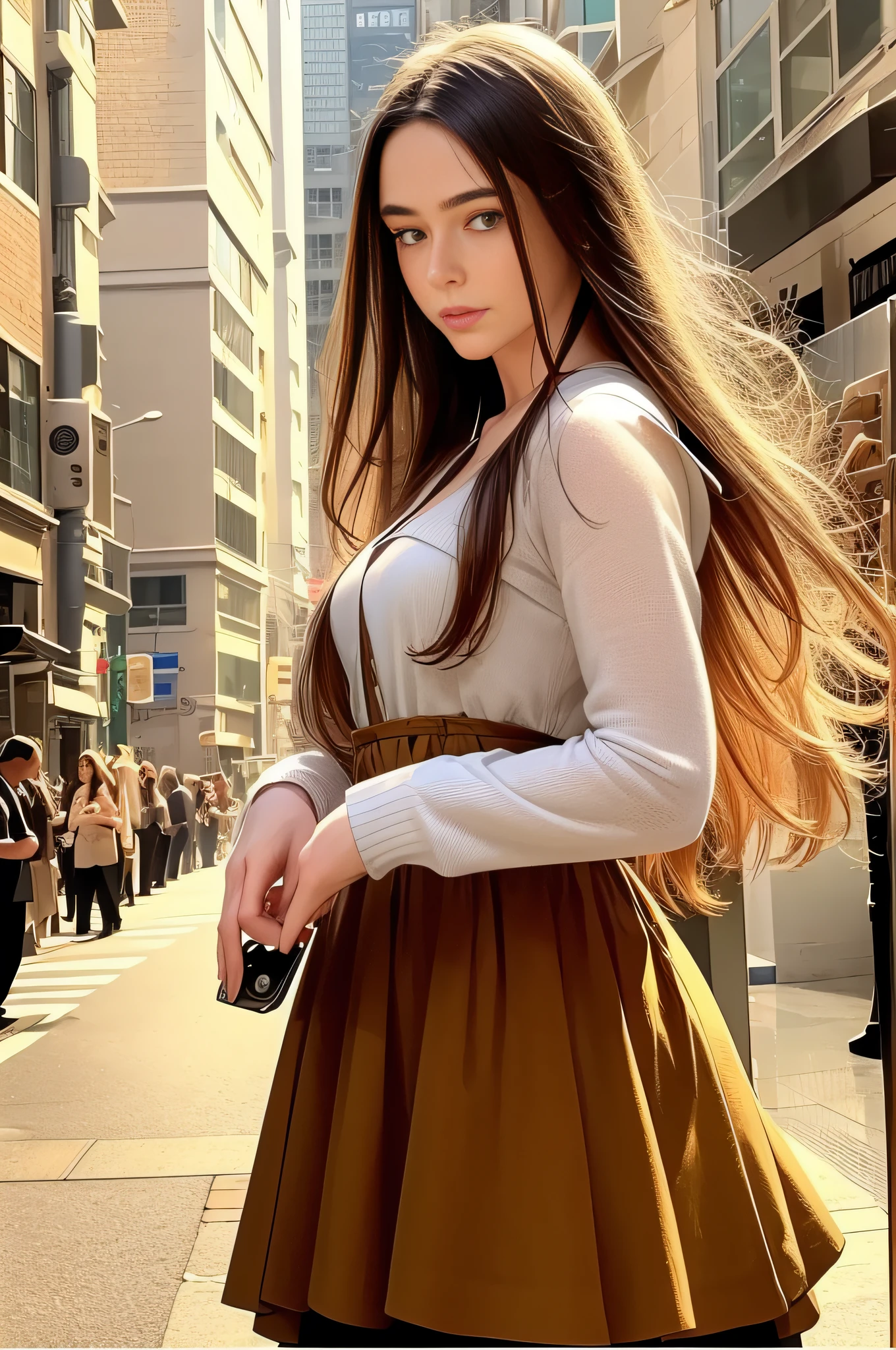 1 Full shot,girl, dasha, portrait photography, beautiful young woman with transparent western tunic dress,long_hair, realistic, eyes visible through hair, proper eye position, natural skin, backlight, cinematic light, rim light, soft light , hips, in night time, city side background, detailed color graded background, intricate , highly detail, octane render,HDR, HD, 8k, by Annie Leibovitz