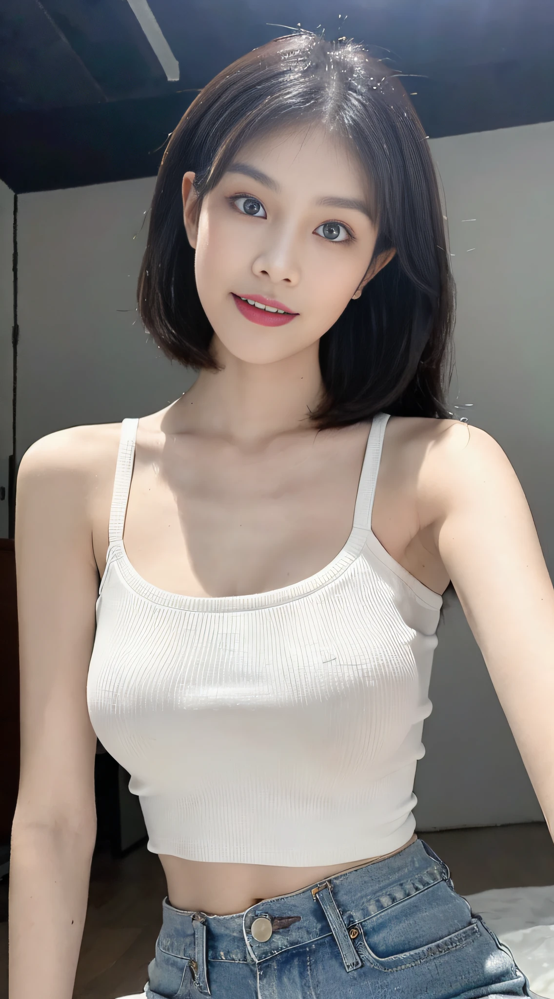 ((Best Quality, 8k, Masterpiece: 1.3)), Focus: 1.2, Perfect Body Beauty: 1.4, ((Layered Haircut, Smaller Boobs: 1.2)), (Rain, Street:1.3), White bandeau, shoulder straps, skinny jeans, Delicate face, Fine eyes, Facing the audience, Whitened skin, (Shut up: 1.3), Full body