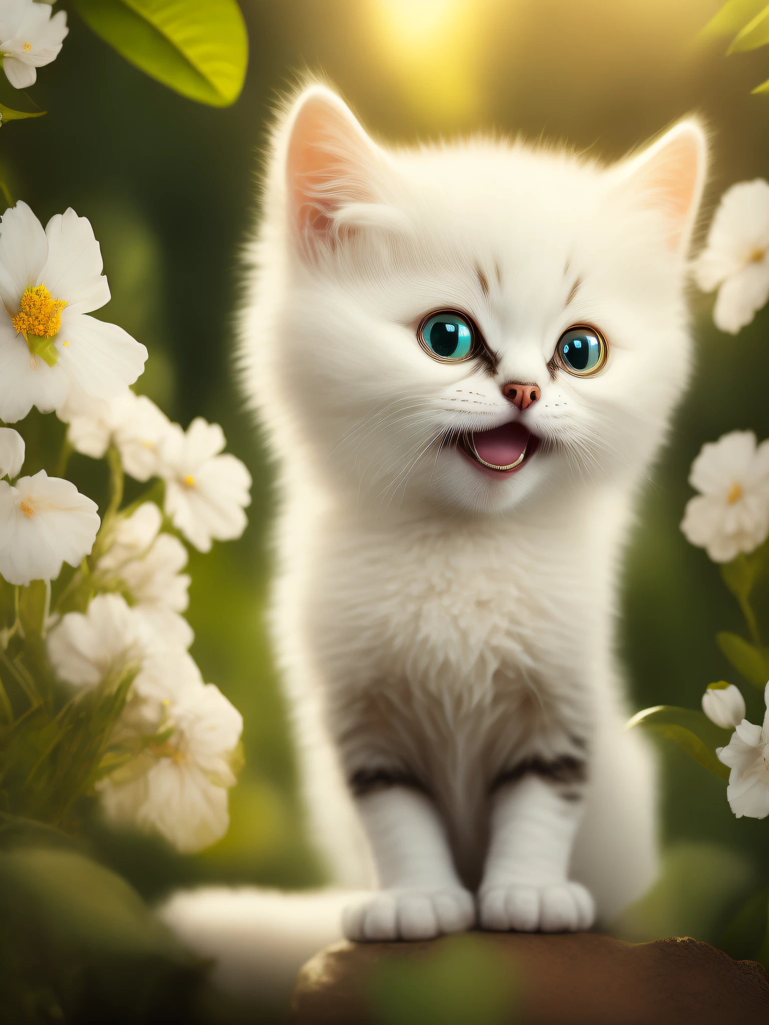 Very cute furry white tropical punk kitten, big eyes, flowers, bushes, full body, open mouth, laugh, professional light, depth of field 8k, golden magic moment, professional photography, octane rendering, super realistic - amazing sunlight, dynamic composition, photography, sharp focus, background bokeh, smile healing
