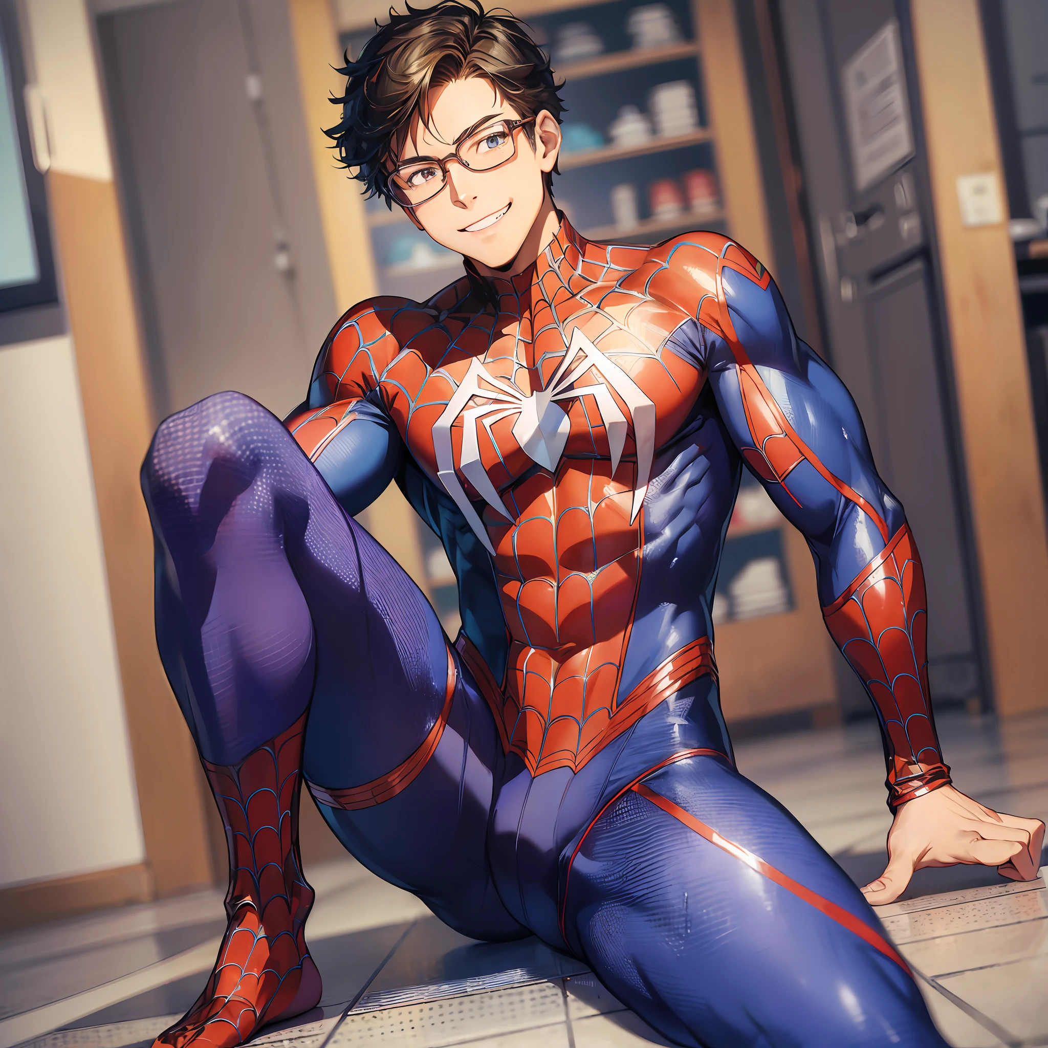 (masterpiece, best quality),smiling man with typical cryptocurrency nerd glasses, complex, (dressing room), full body, wearing Spider-Man costume, bright colors, (depth of field: 1.2), (sit-ups), blushing, looking at the audience, on the floor, opening legs, --auto --s2