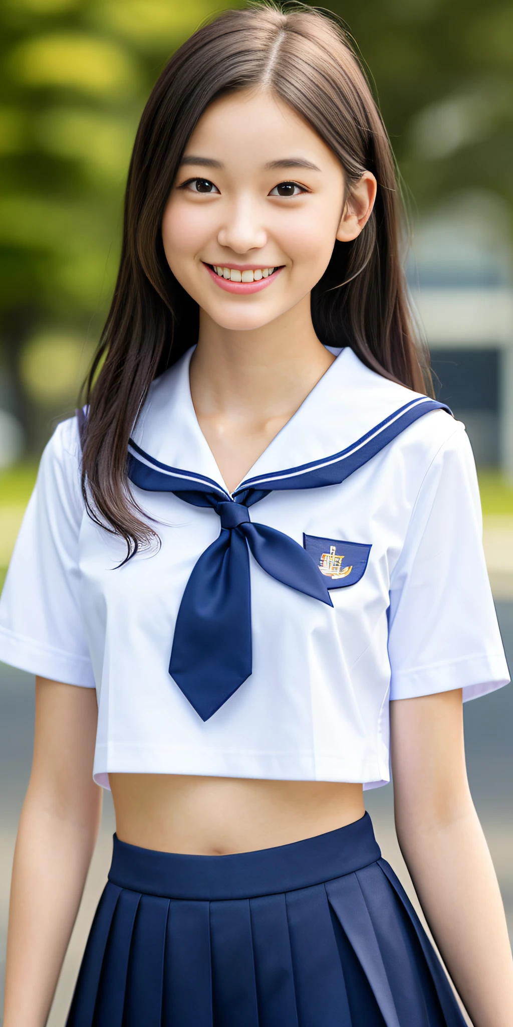 neat college girl, (school uniform, sailor uniform, ribbon tied at chest, summer clothes, upper body white, skirt dark blue, short sleeves), outside the athletic field, (slim), photorealistic, detail, skin texture, ultra detail, delicate and sexy collarbone, smile, super detailed face, detailed lips, detailed eyes, double eyelids, small breasts, small breasts, small, flat breasts, breast emphasis