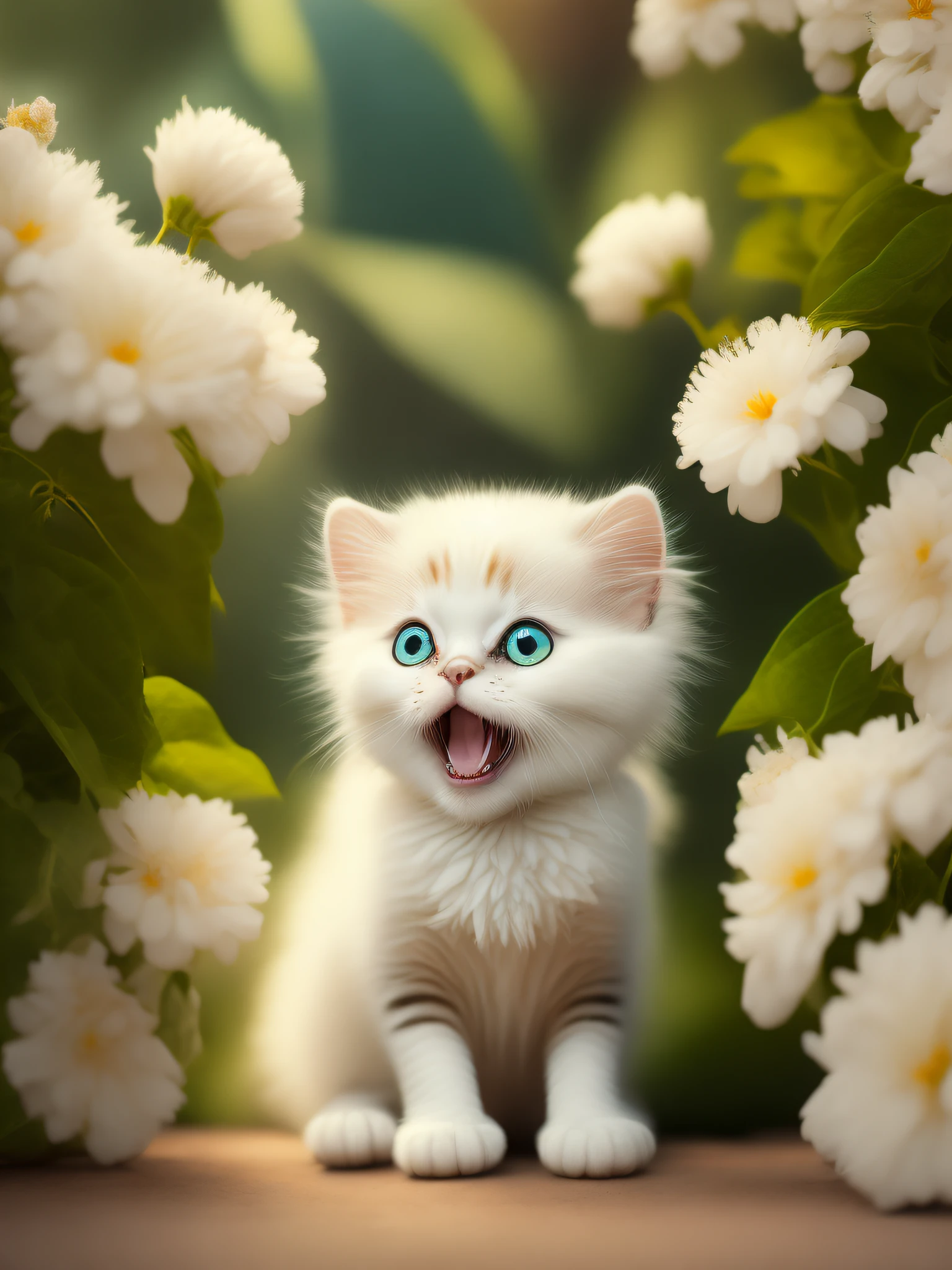 Very cute furry white tropical punk kitten, big eyes, flowers, bushes, full body, open mouth, laugh, professional light, depth of field 8k, golden magic moment, professional photography, octane rendering, super realistic - amazing sunlight, dynamic composition, photography, sharp focus, background bokeh, smile healing