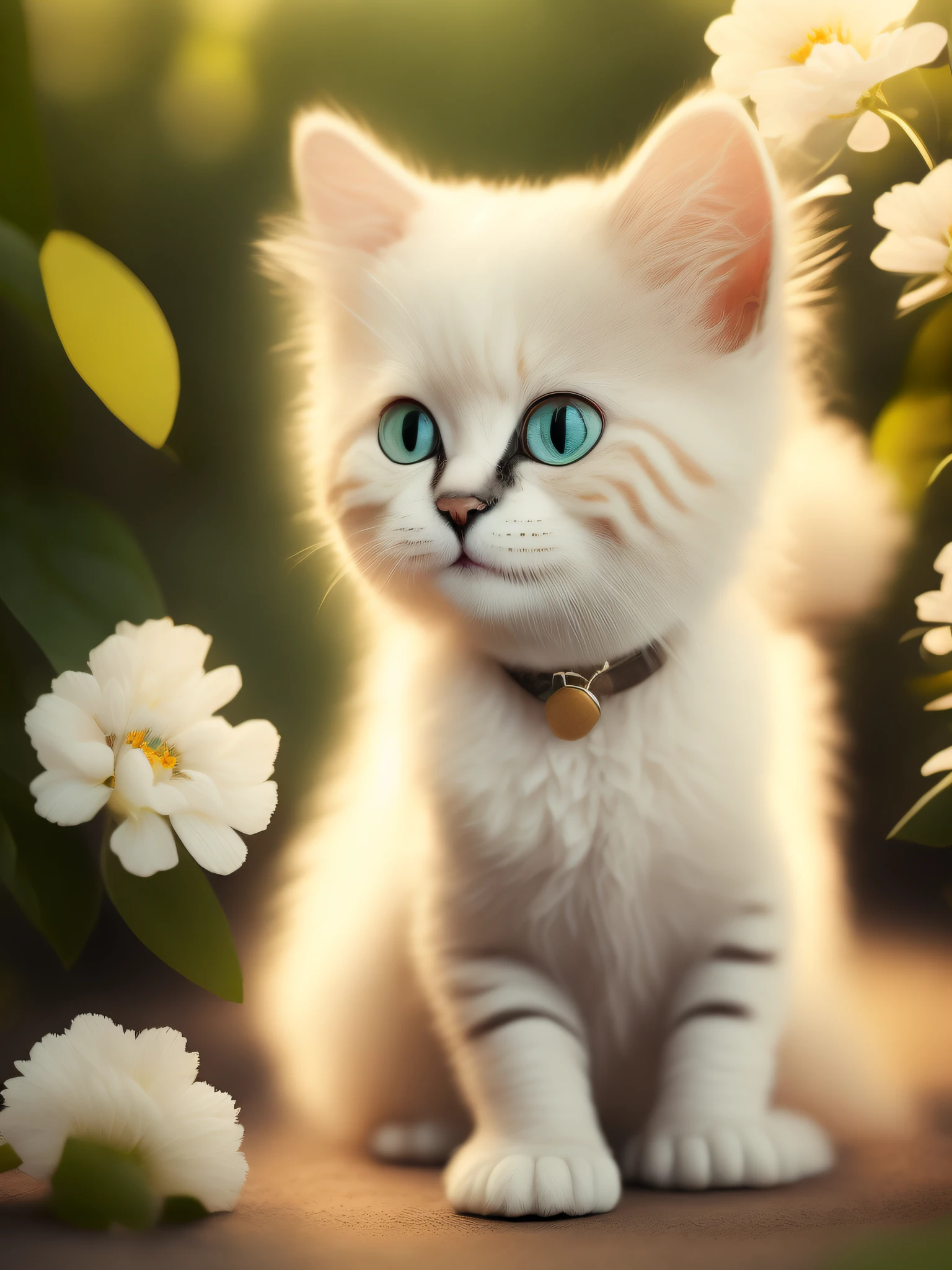 Very cute furry white tropical punk kitten, big eyes, flowers, bushes, full body, open mouth, laugh, professional light, depth of field 8k, golden magic moment, professional photography, octane rendering, super realistic - amazing sunlight, dynamic composition, photography, sharp focus, background bokeh, open mouth, laugh !!!