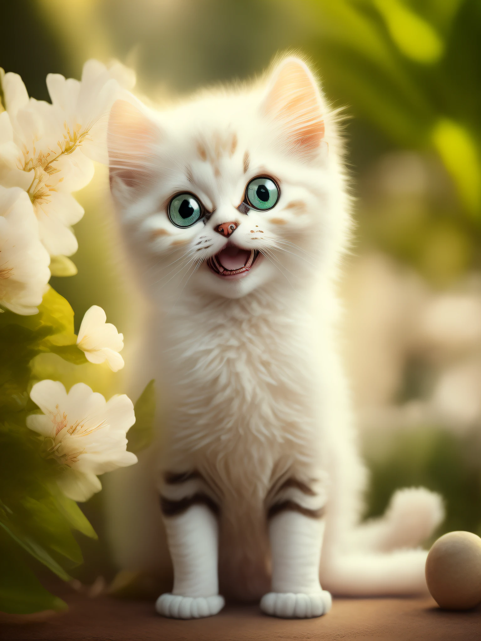 Very cute furry white tropical punk kitten, big eyes, flowers, bushes, full body, open mouth, laugh, professional light, depth of field 8k, golden magic moment, professional photography, octane rendering, super realistic - amazing sunlight, dynamic composition, photography, sharp focus, background bokeh, open mouth, laugh !!!