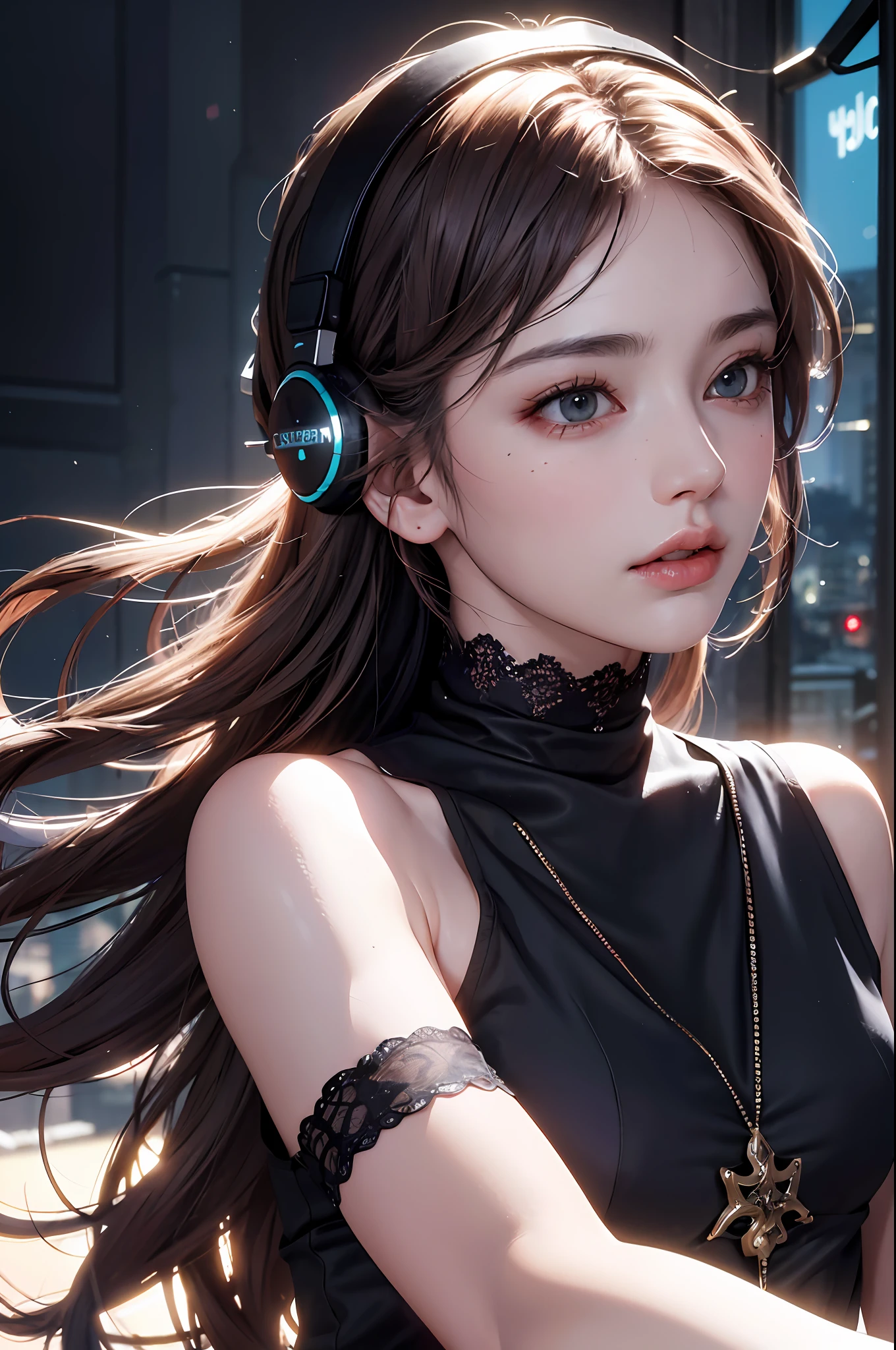 RAW, (8k, best quality, masterpiece: 1.2), (complex detail: 1.4), (photorealism: 1.4), octane rendering, complex 3d rendering super fine, studio soft light, edge light, vibrant detail, super fine, (realistic skin texture: 2), beautiful delicate face, beautiful delicate eyes, extremely detailed CG uniform 8k wallpaper, makeup, (perfect anatomy), (epic), (masterpiece, top quality, best quality, official art, Aesthetics and aesthetics: 1.2), very detailed, colorful, highest detail (super detail)), (highly detailed CG illustration), (very delicate and beautiful), (viewed from the side), cinematic light, city, 1 girl, solo, headphones, cyberpunk