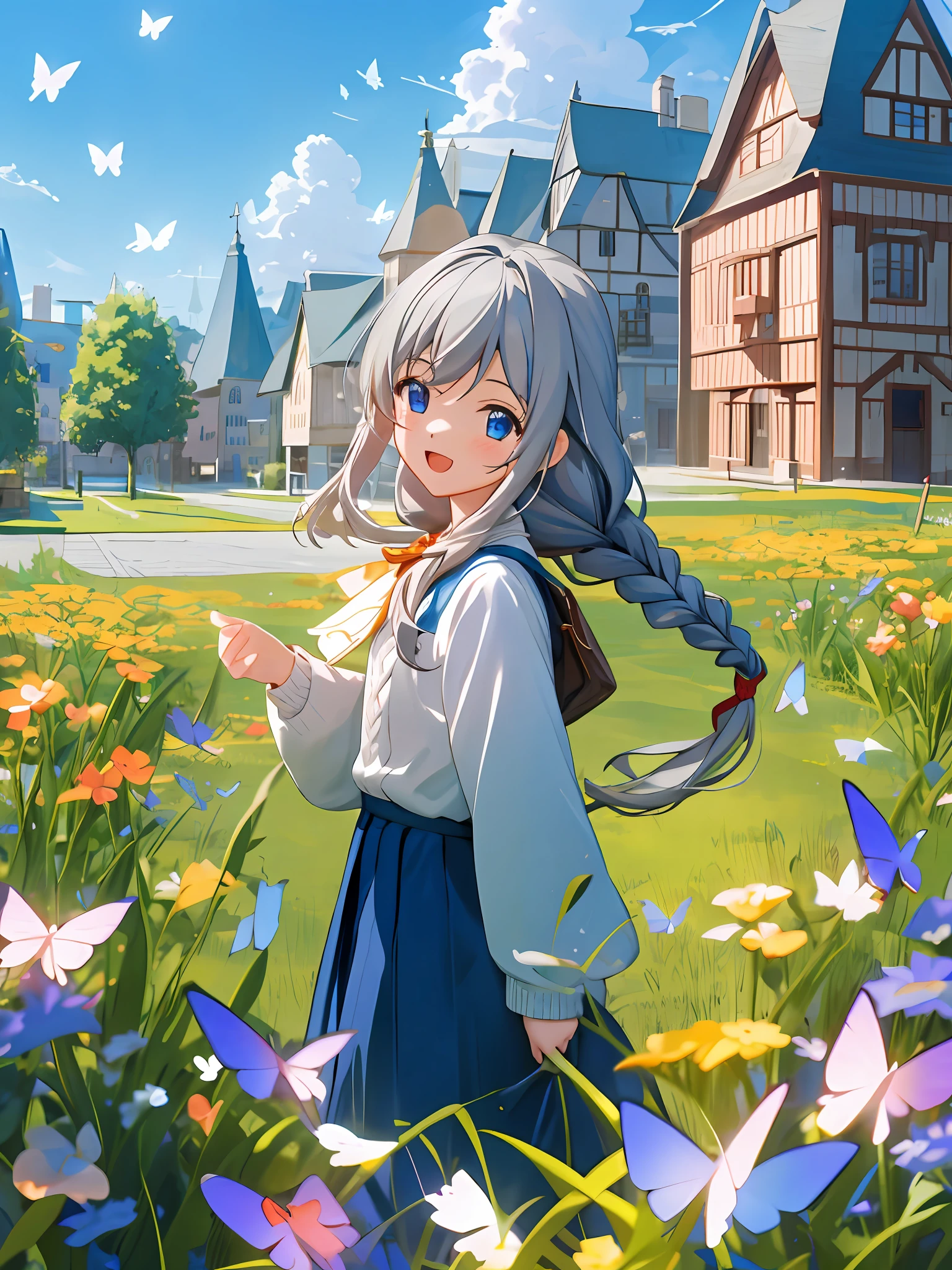 Photo, masterpiece, best quality, wallpaper, 4k, 8k, high resolution, 1girl, elaina, majo no tabitabi, gray hair, long hair, braids, blue eyes, shirt, sweater, town, buildings, houses, flowers, butterflies, sunlight, sun markings, :D