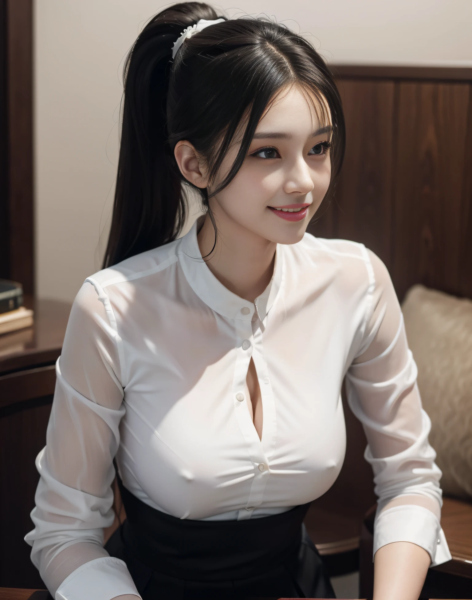 Beautiful woman with tight shirt, women's suit uniform, big breasts, big eyes, light smile, 8k, perfect body, very fine face, delicate lips, delicate eyes, double eyelids, ponytail hairstyle, dark black long straight hair