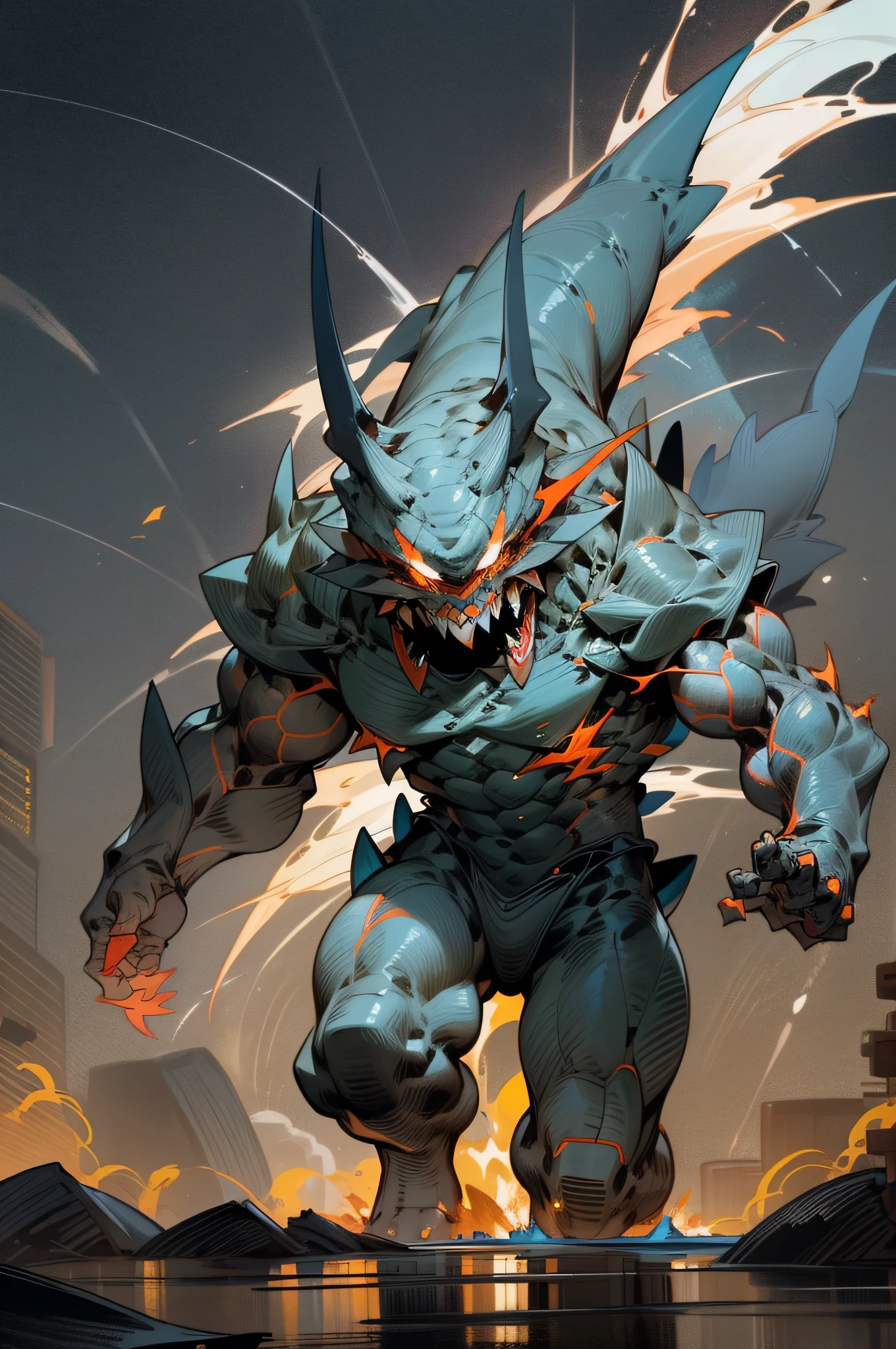 Sea of Fire Manhattan at night, brown KAIJU [glowing eyes, thick and strong neck, small head, bipod walking, strong legs, short arms] reptile leaning forward posture long tail two large horns on the head sharp dorsal fin sharply raised scales shark fangs sabretooth edge blade, magma energy in the body, lightning in the sky. --auto --s2