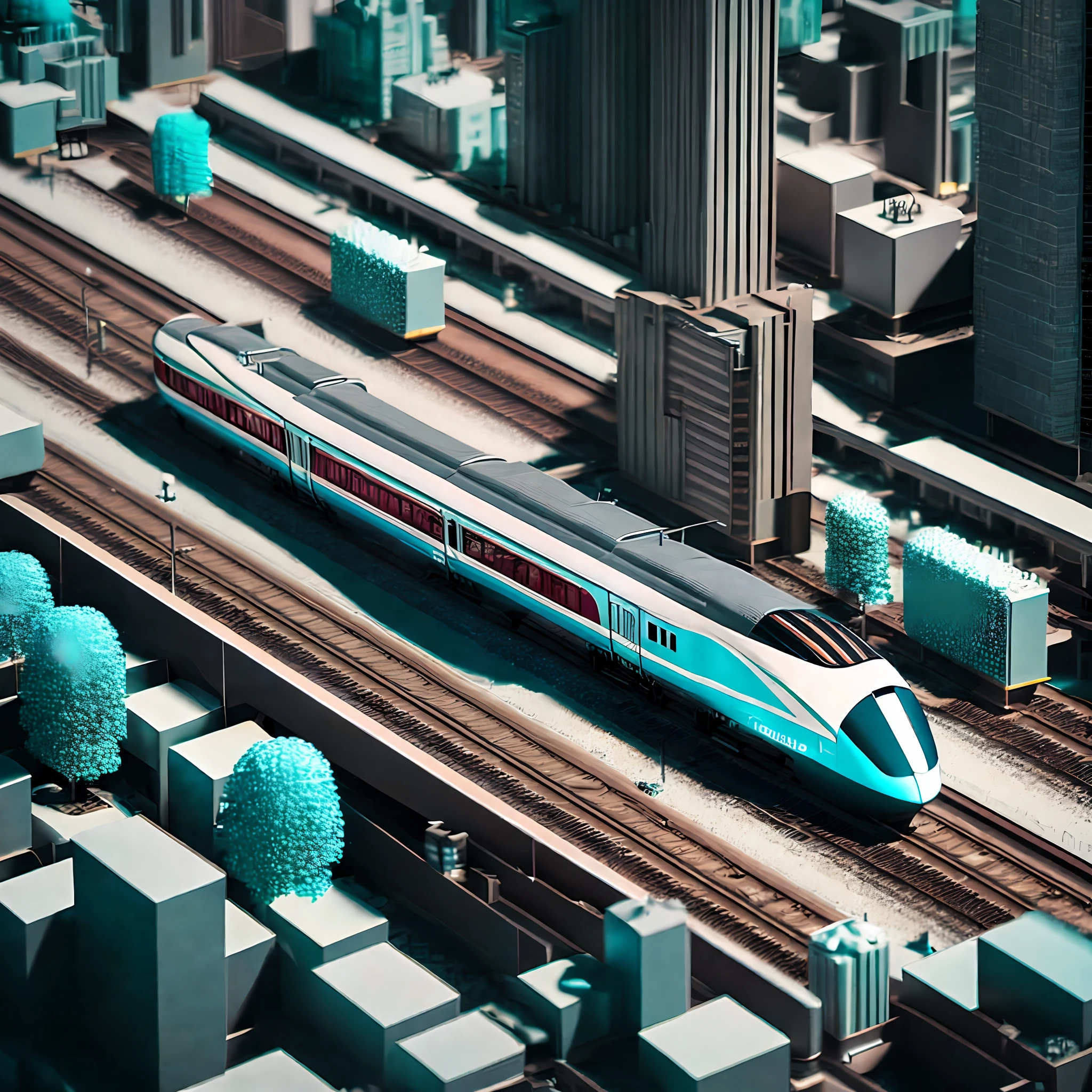 (Best quality),(masterpiece),(ultra detailed),(4k resolution),(extremely detailed) isometric city center with 890J maglev train in background, modern landscape architectural design for brutalist industrialpunk black and white concrete and glass, train with maroon, white and teal metallic accents, gorgeous lighting, golden hour, cyberpunk, 2077, dramatic lighting and composition, photography