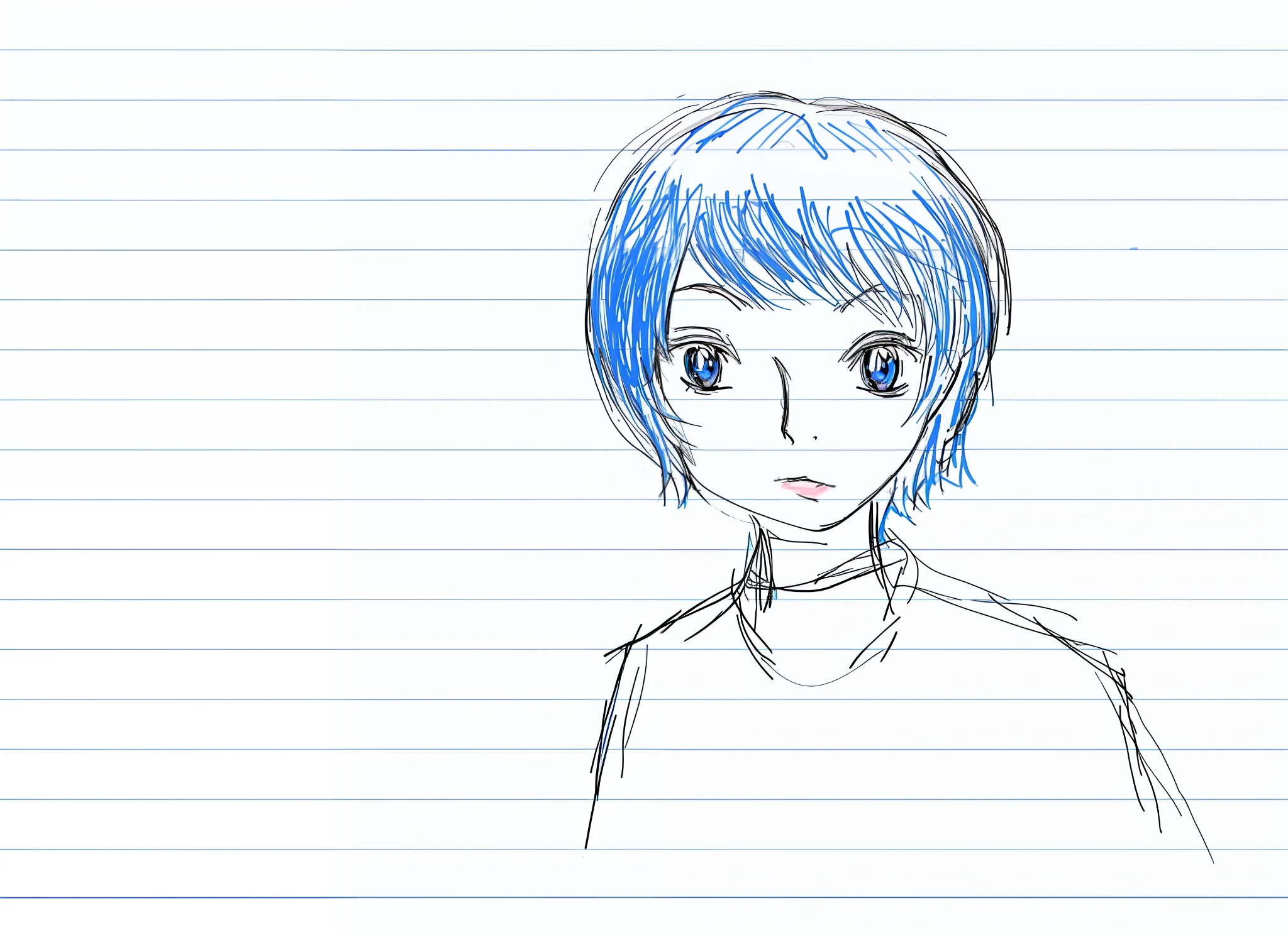 drawing of a girl with blue hair and a white shirt, short blue haired woman, anime style character, anime sketch, 2 d anime style, subtle anime style, in an anime style, paint tool sai!! blue, semirealistic anime style, sketchy artstyle, girl with blue hair, colored sketch anime manga panel, in anime style, portrait of an anime girl