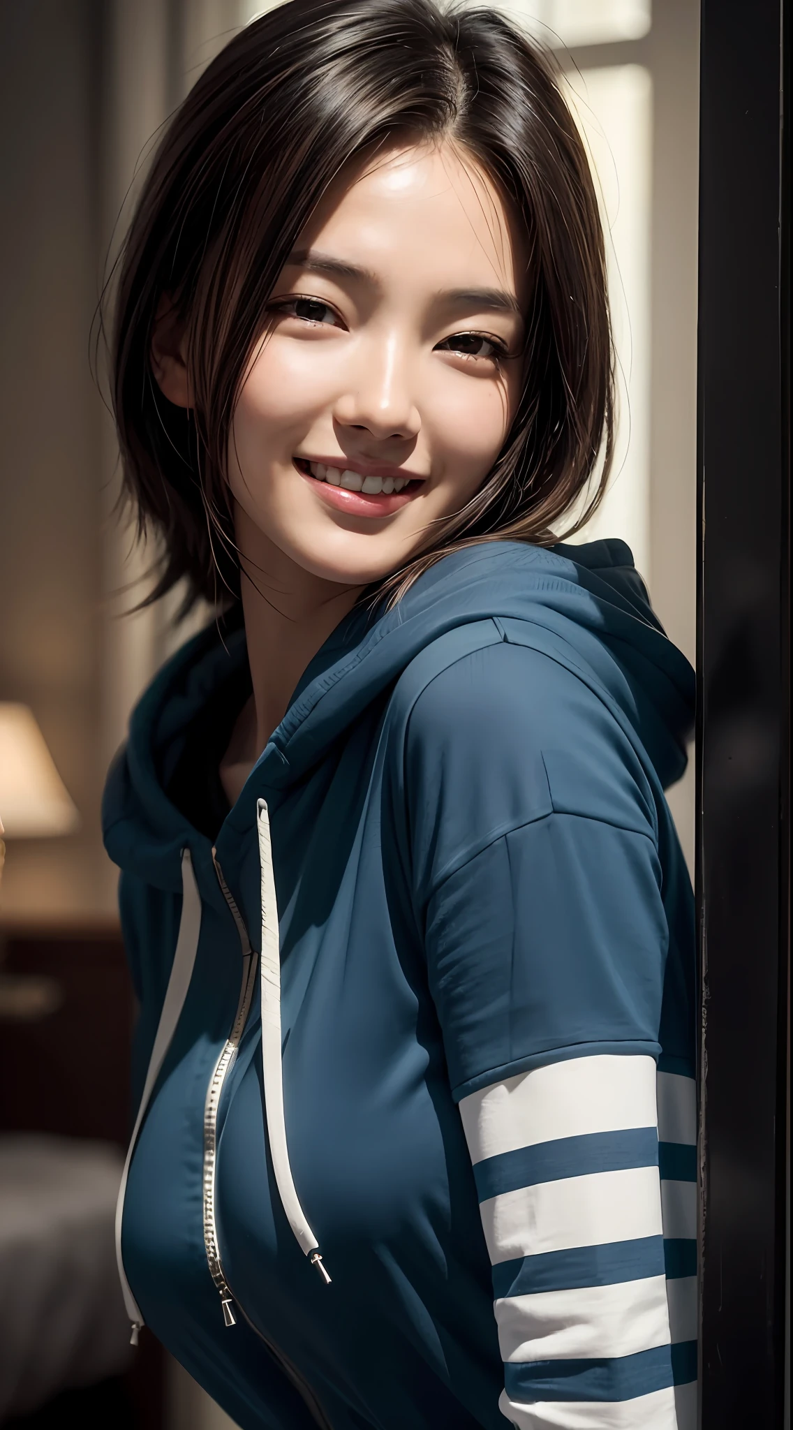 8k, best quality, masterpiece, realistic, ultra detail, photo realistic, hyper realistic, smoother lighting, increase cinematic lighting quality, realistic lighting, backlighting, brightening light, Increase quality, best quality real texture skin,
close-up, slender, cute face, smile, beautiful details eyes, 19years old korean, pretty, Drill hair with electric blue color, hood,
