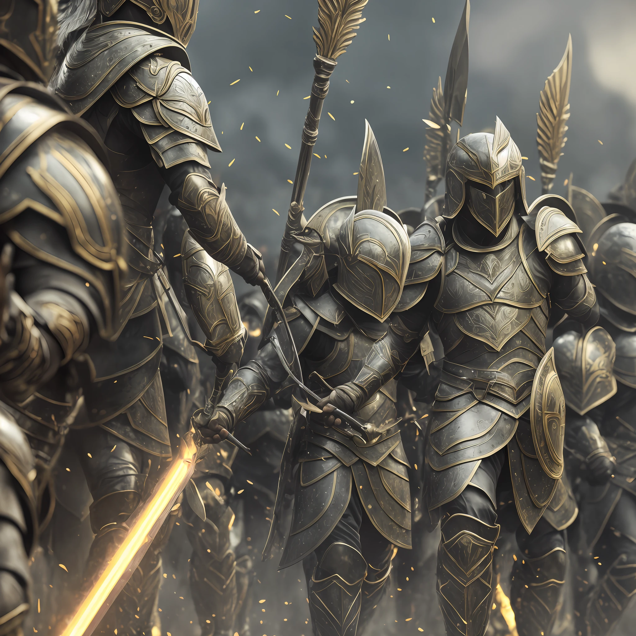 a group of spartan classic army marching to battle,shield and spear,wearing golden armors,detailed body,detailed face,detailed eye,detailed image,hyper realistic,ultra hd,best cinematic photography,battle scene background,good hand,perfect anatomy,grey colour effect,high camera angel,holding shield and spear,archers,8K resolution --auto --s2