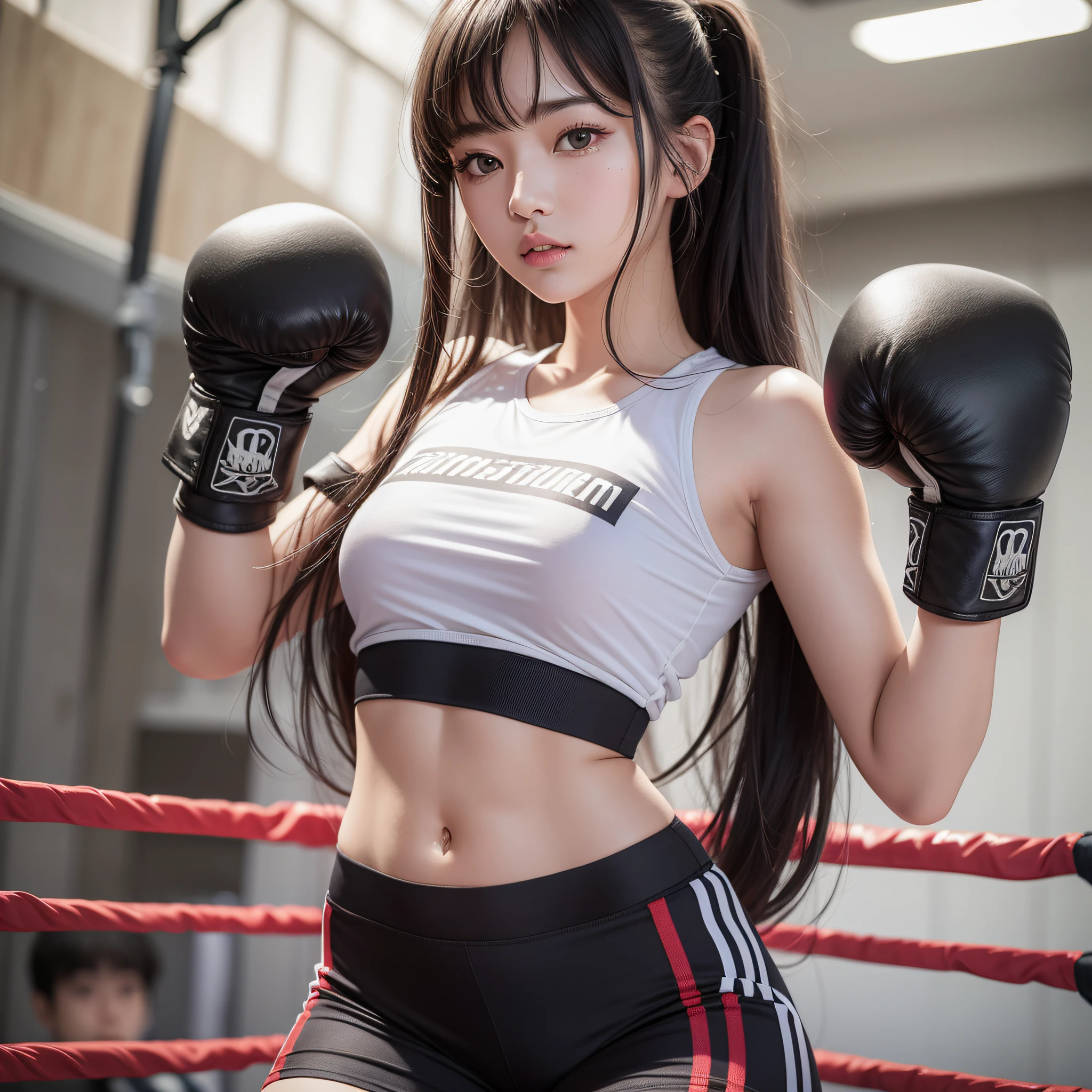 masterpiece, top quality, (realistic, photorealistic: 1.4), (RAW photo: 1.2), very elaborate CG Unity 8K wallpaper, very delicate and beautiful, wonderful, attention to detail, official art, absurdity, incredibly ridiculous, huge file size, very fine, very elaborate, beautiful eyes and face, beautiful elaborate eyes, light on the face, one girl, Long Hair, (Pom) Navel, Upper Body, PE uniform Short Sleeved navel-baring T-Shirt, Boxing Gloves, Bare Arms, Bangs, Boxing Gym, Boxing Ring, ULZZANG-6500-v1.1