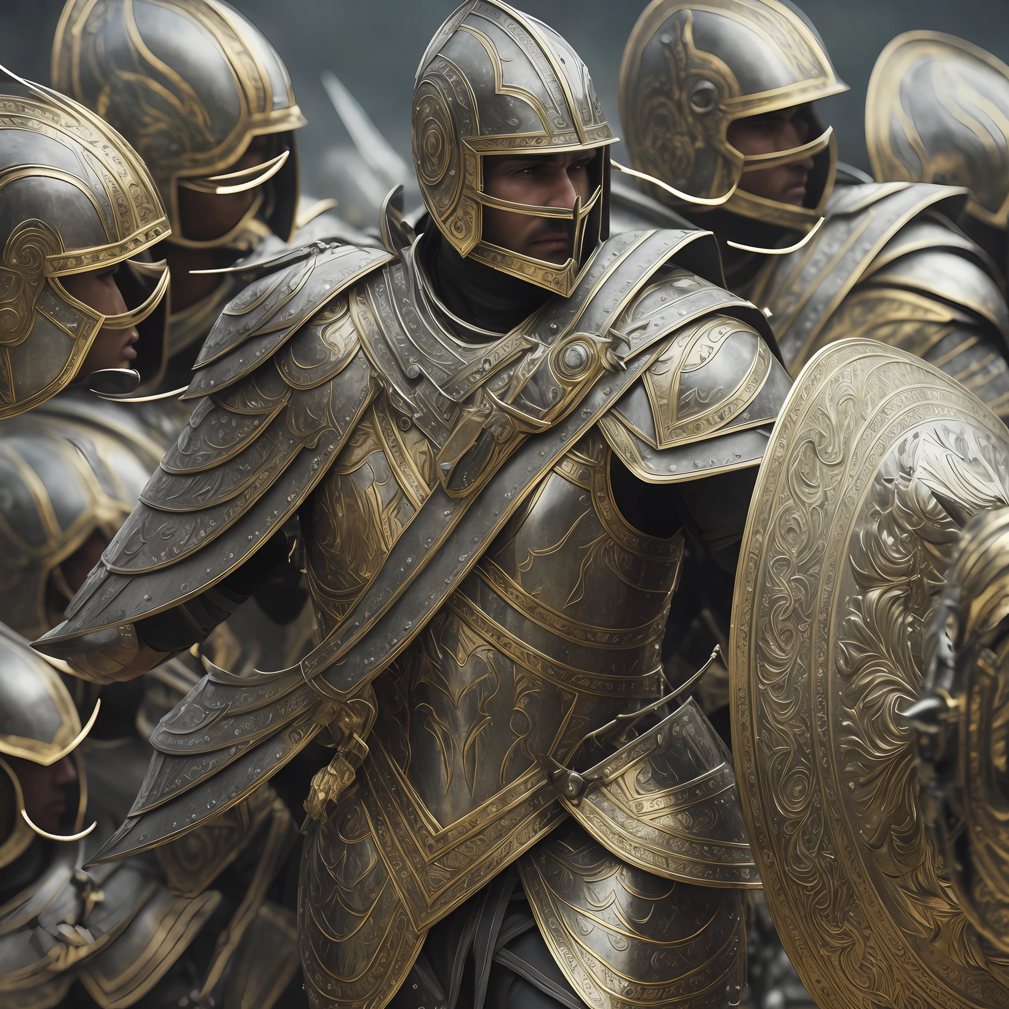 a group of spartan classic army marching to battle,shield and spear,wearing golden armors,detailed body,detailed face,detailed eye,detailed image,hyper realistic,ultra hd,best cinematic photography,battle scene  background,good hand,perfect anatomy,grey colour effect,high camera angel,holding shield and spear,archers,8K resolution --auto --s2