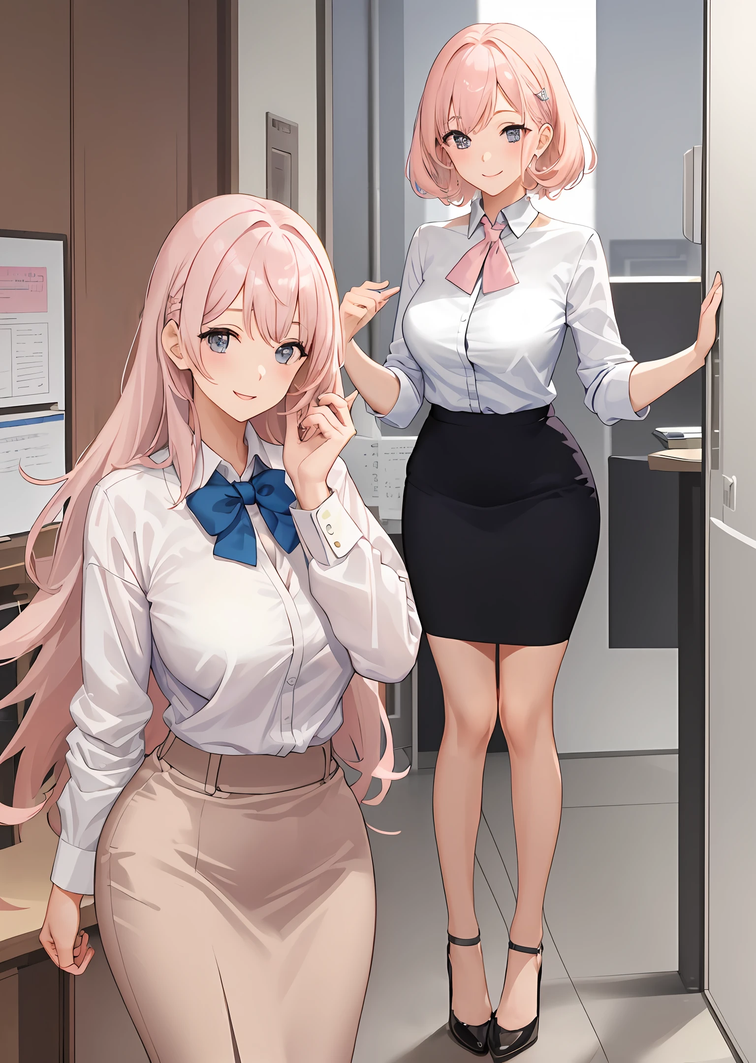 ((masterpiece, best)),(1girl),((mature woman)), light pink hair, dizzy, trumpet, ((office lady)), bangs, mid-chest, (full), slim, smiling, [wide hips] ,office,standing, aru \(blue archive\),