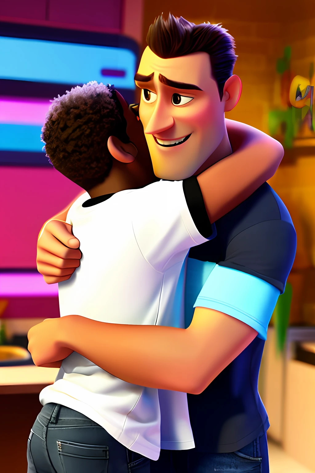 pixarstyle a black guy, large t shirt, hugging a white guy, homoaffective,