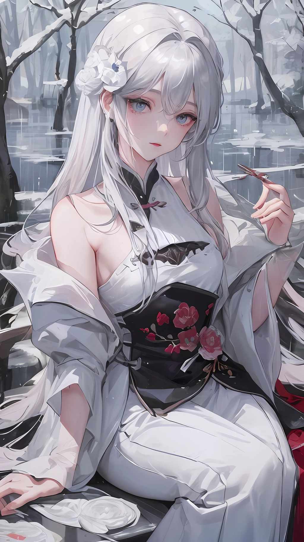 Masterpiece superb night outdoor rainy day lakeside branches Chinese style 1 female mature female royal sister royal sister silver white long hair female gray blue eyes light pink lips cold bangs assassin, short knife, blood, blood, wounds, delicate face, delicate face, delicate face,