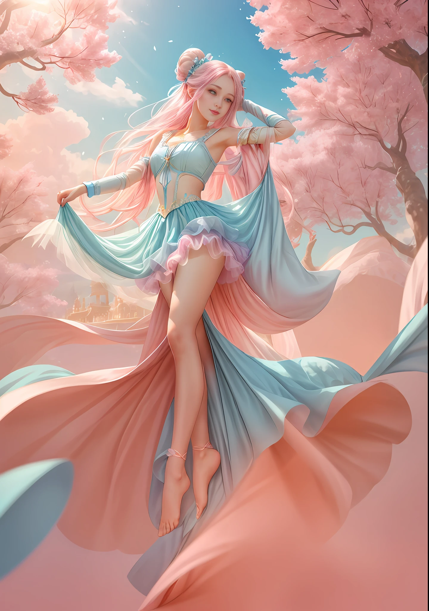 1 girl, single, (feet in the sky: 1.3), blue sky, mirror, light pink and light sky blue style, ethereal leaves, playful arrangement, fantasy, high contrast, (8K wallpaper: 1.3), realistic, octane rendering, surreal, (skin dents: 1.5), (realistic face: 1.2), sharp focus, masterpiece, (best quality), (mirror illumination: 0.5), light on the face, sharp face, long hair, light makeup, smile: 1.2, cute, (after fingering: 0.1), (long tulle: 0.6), wind, bun, (leg cover: 1.3),