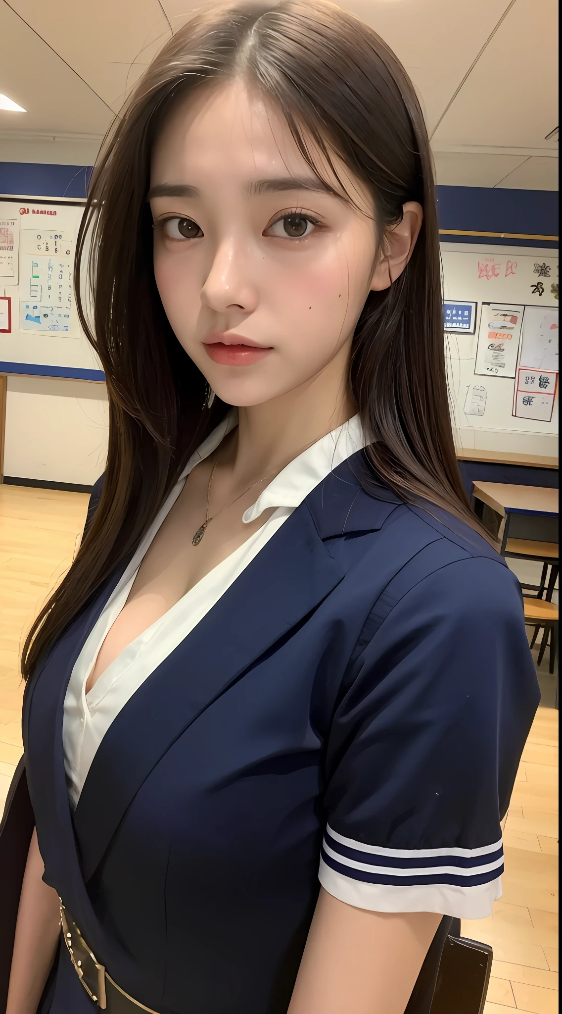 ((Top Quality, 8K, Masterpiece: 1.3)), Beautiful Women with Perfect Figure: 1.4, Dark Brown Hair, Big, Exposed Cleavage, Pendant, ((Wearing Japan Junior High School Uniform)), ((Japan Schoolgirl)), at the festival, very detailed face and skin texture, detailed eyes, double eyelids, wet body: 1.2, (sweat Breasts: 1.2)
