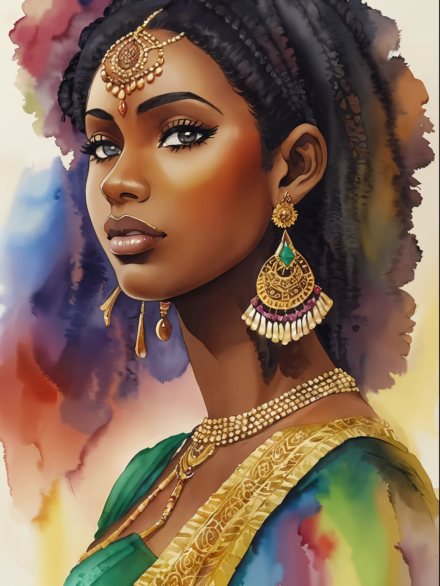 watercolor painting of gorgeous african american woman dark skin vibrantly colored sari indian style --s 750