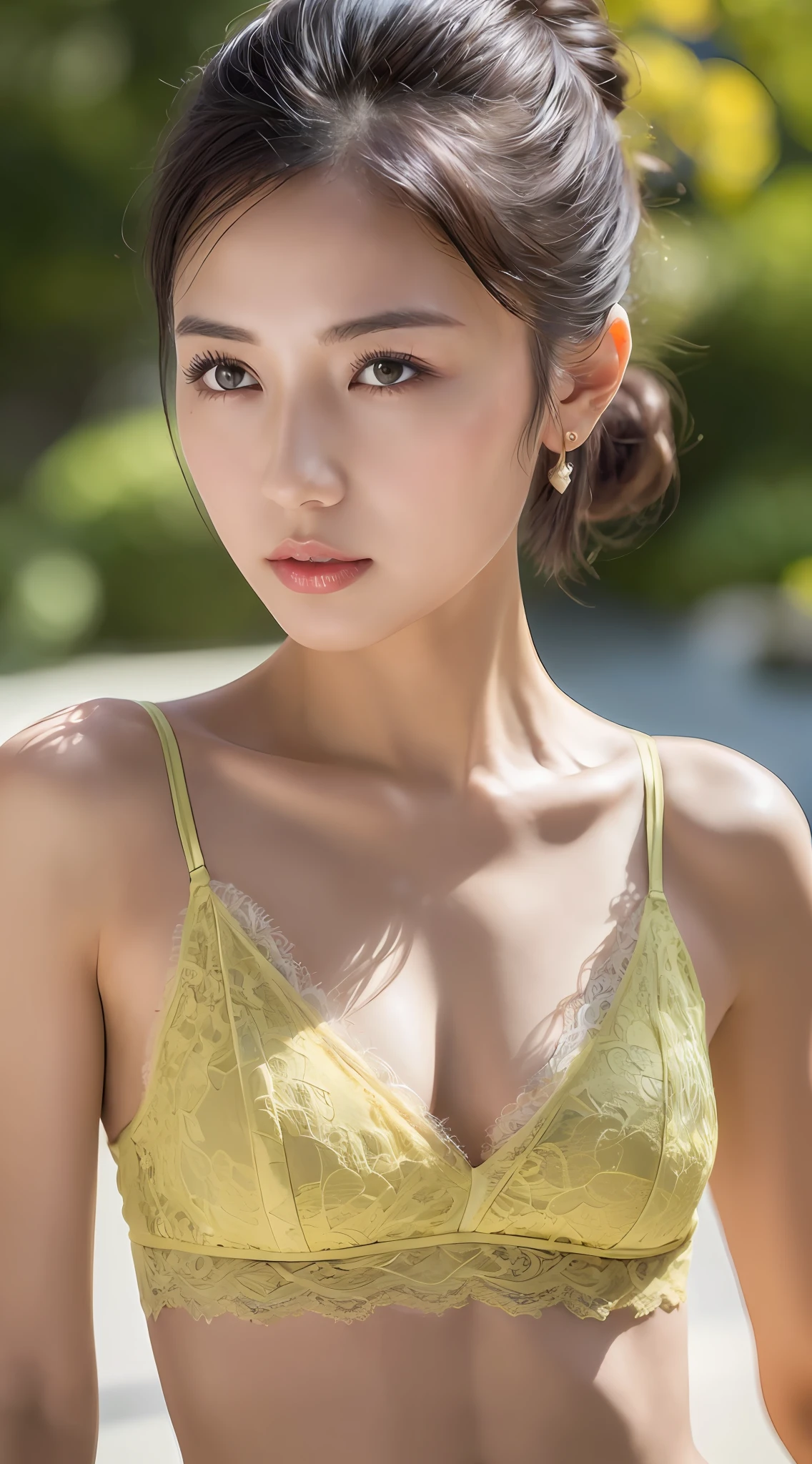 ((Best quality, 8k, Masterpiece :1.3)), Sharp focus :1.2, Perfect body beauty: 1.4, Slim abs: 1.2, ((chignon black hair, small breasts: 1.2)), (Natural light), yellow lace brassiere, highly detailed facial and skin textures, detailed eyes, double eyelids, (((Dynamic Angle)))